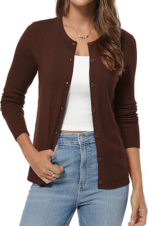 QUALFORT Womens Cardigan Sweater Crew Neck Long Sleeve | Soft lightweight stretch knit, button down, ribbed trim, business casual layering, summer cool indoor wear, regular fit