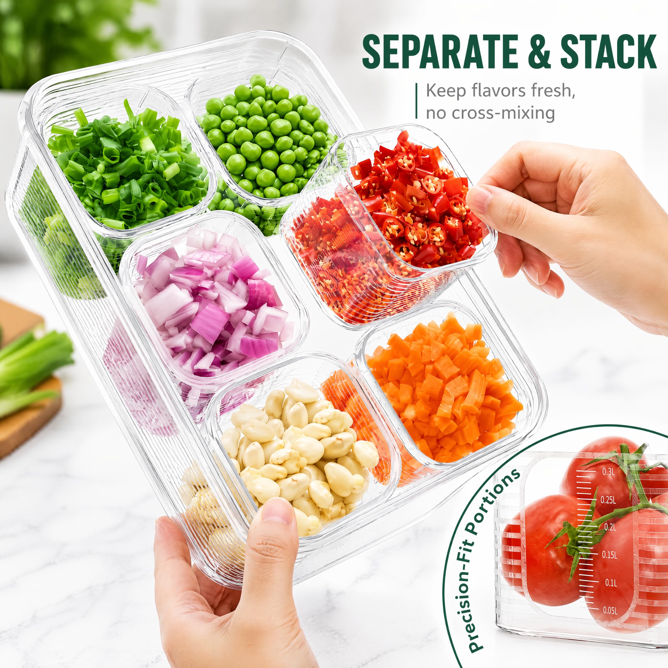 Confezione da 4 contenitori per insalata per frigorifero, contenitori per alimenti con coperchio, organizer per frigorifero diviso riutilizzabile, scatola per la preparazione dei pasti con 6
