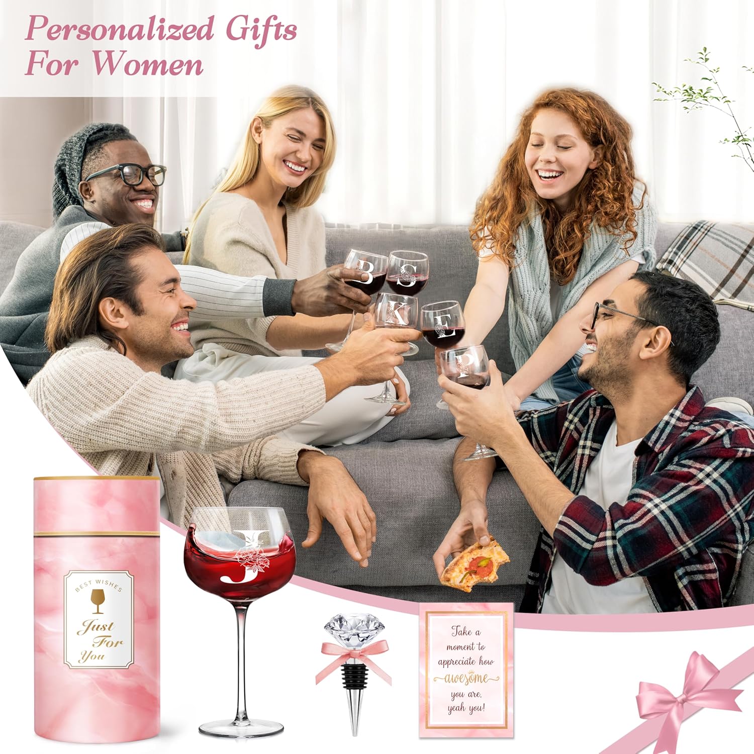 Personalized Gifts for Women - Monogrammed A-Z Wine Glass Customized Gifts, Unique Birthday Gifts for Women, Christmas Basket Gift for Her, Mom, Wife, Sister, Friend, Nurse(J) - Image 7