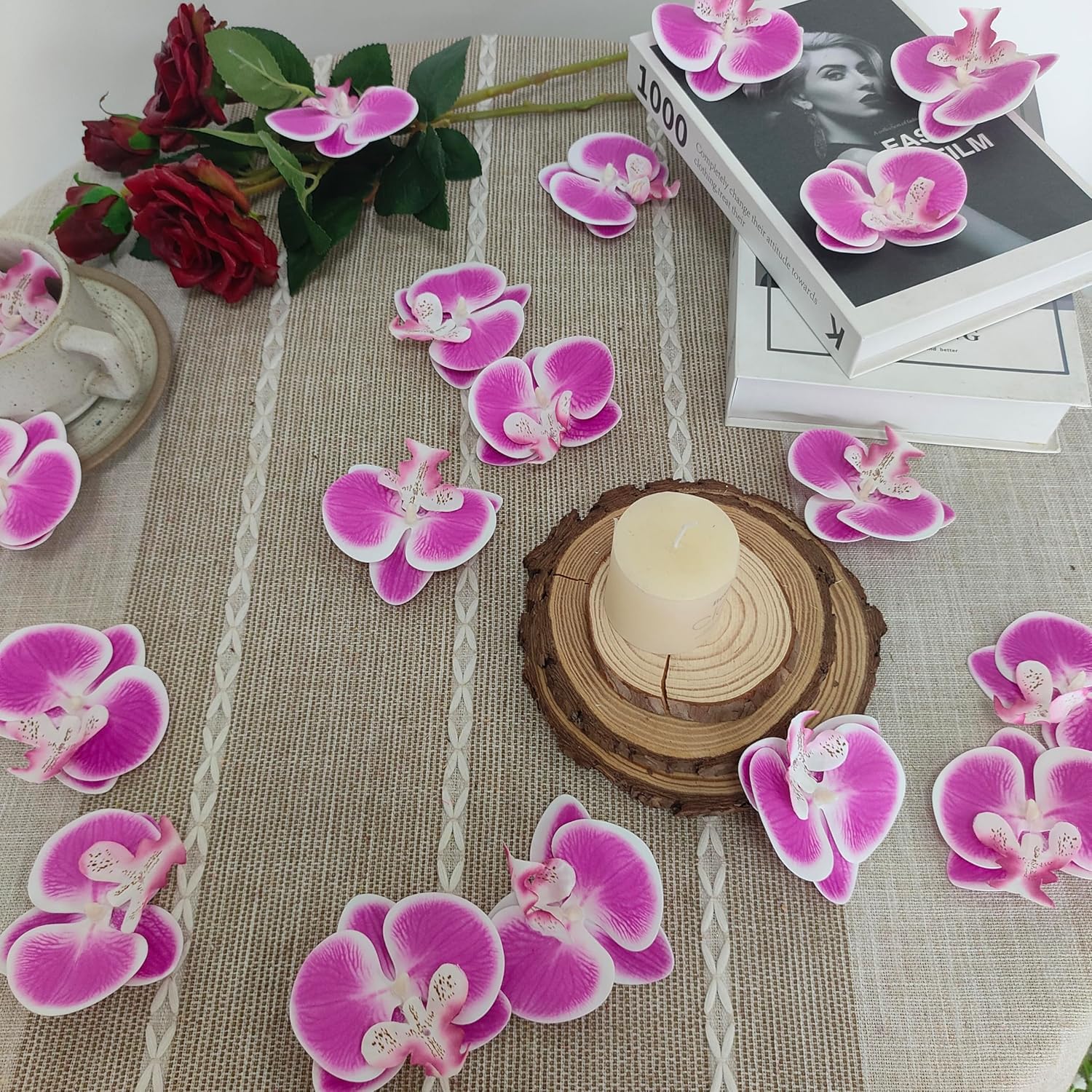 Fake Orchids Artificial Flowers Heads, 3.5''Fake Orchid Heads for Wedding Floral Bouquet Decor DIY Craft Making Bridal Shower Photography Props (80, Rose red with White Edge)