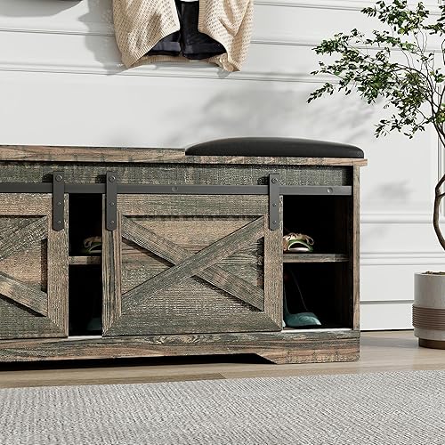 Miniatura 3 de Banco de zapatos de entrada de madera marrón claro de 47 pulgadas con puerta de granero, espacio de almacenamiento de 2 niveles, fácil montaje