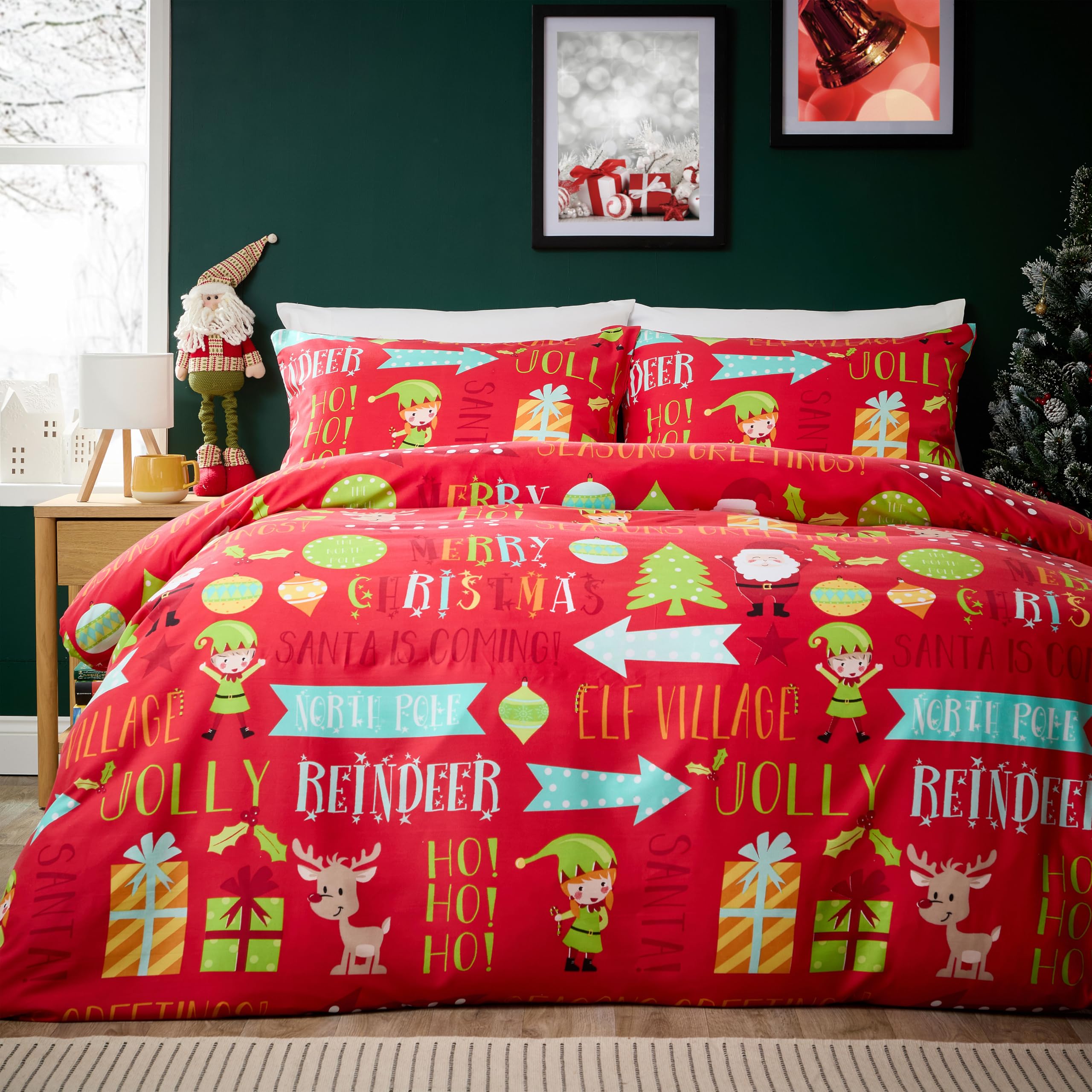 Olivia Rocco Christmas Duvet Cover Set Festive Bedding Quilt Cover Xmas with Pillowcases Reversible Design Easy Care Bed Linen Sets, Festive Fun Red Double
