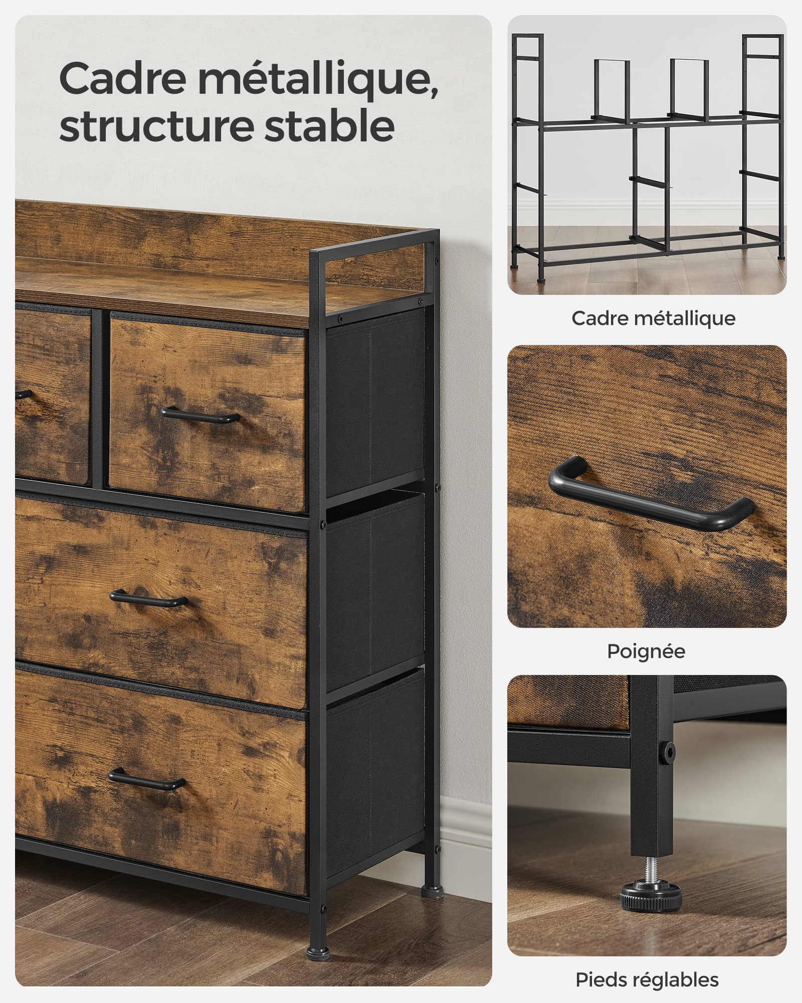 SONGMICS BELLAH Collection - Armoire, Meuble de Rangement, 5 Tiroirs en Tissu avec Poignées, Cadre en Métal, Style Moderne, Marron Rustique et Noir d'Encre LTS137BH01