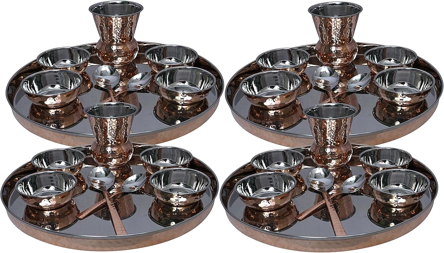 PARIJAT HANDICRAFT Dinnerware Stainless Steel Copper Traditional Dinner Set Of Thali Plate, Bowls, Glass And Spoon, Diameter 12 Inch