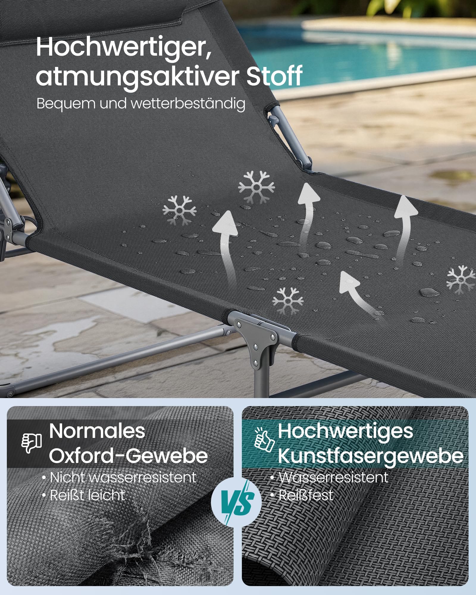 SONGMICS Große Sonnenliege, klappbarer Liegestuhl, 71 x 200 x 38 cm, Belastbarkeit 150 kg, mit Sonnenschutz, Kopfstütze und Verstellbarer Rückenlehne, für Garten Pool Terrasse, anthrazit GCB22GYV2