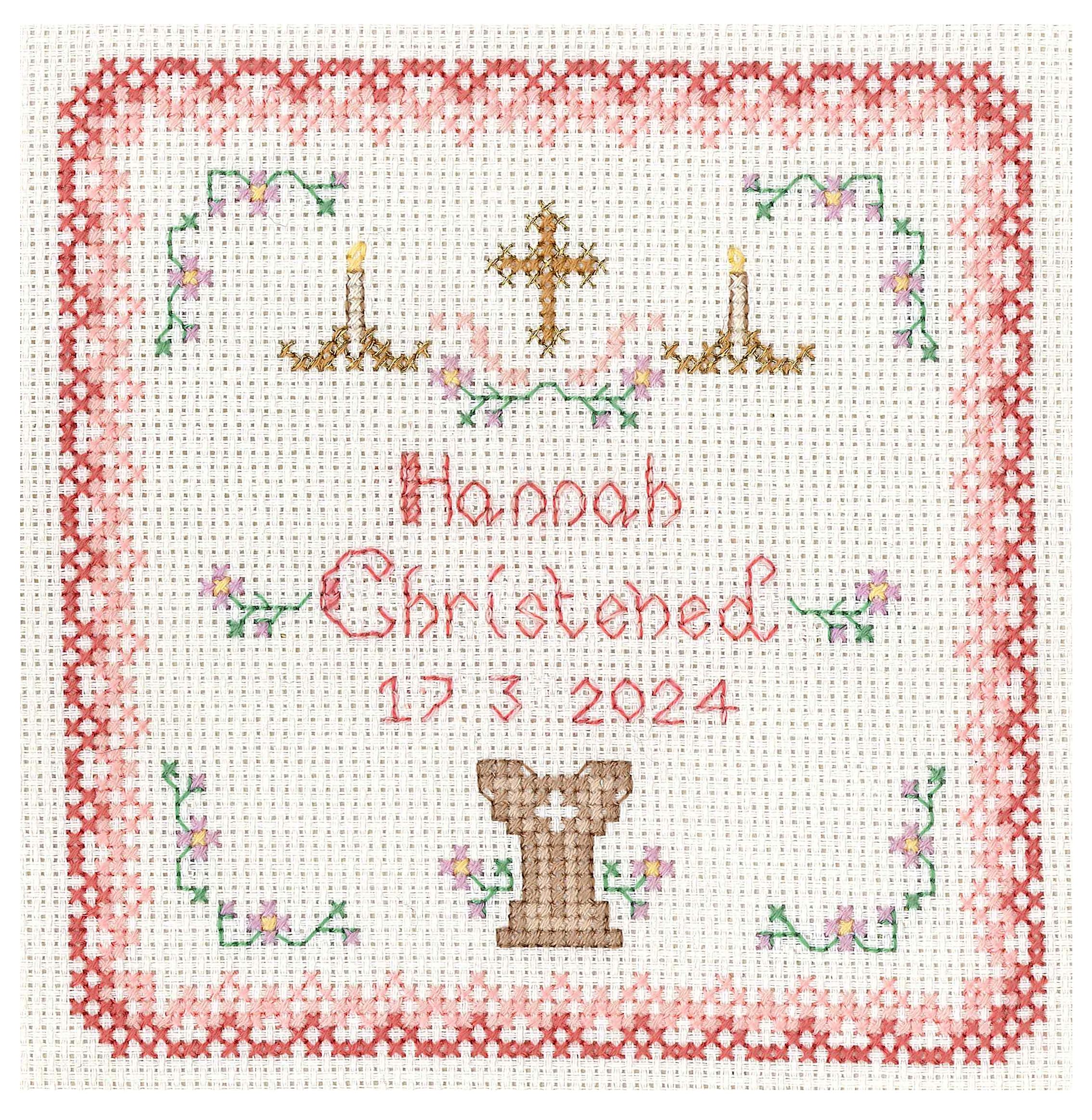 Lifetime Samplers & Decorative Textiles Pink Christening Sampler - Complete Cross Stitch kit on 14 aida with Colour Chart