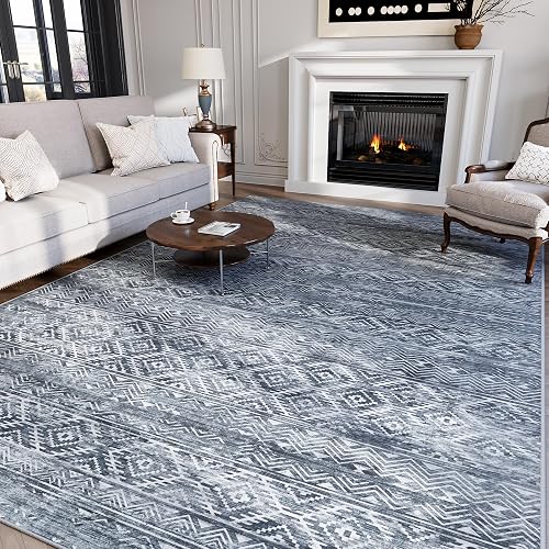 Crority 9x12 Washable Abstract Modern Rug (Blue/Grey/White)