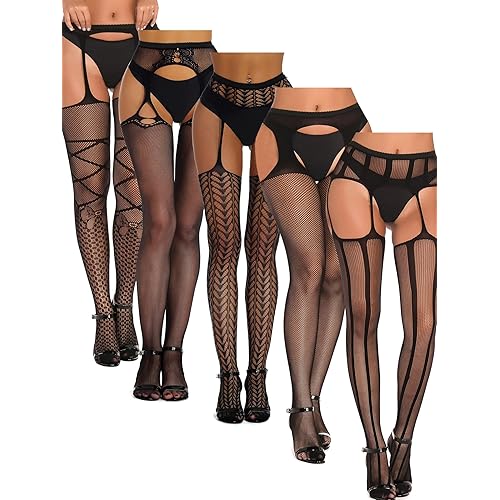 SOUTHRO 5 Pairs Fishnet Thigh High Garter Stockings Patterned Tights for Women,Garter Belt Set & Suspender Pantyhose for Girl