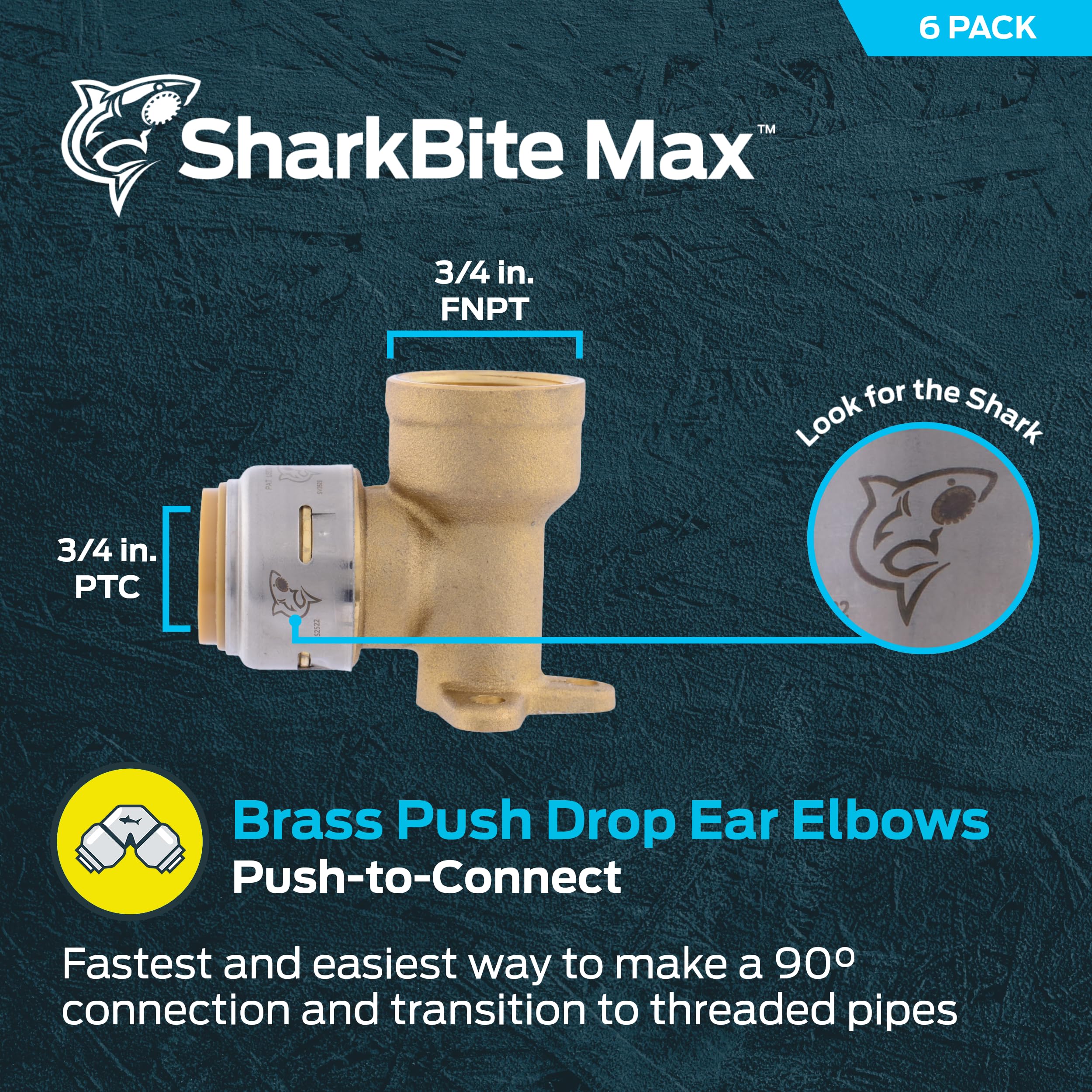 SharkBite Codo de oreja FNPT de 3/4 pulgadas x 3/4 pulgadas, paquete de 6, accesorio de fontanería de latón a presión para conectar, tubo PEX, cobre, CPVC, PE-RT, HDPE, UR340