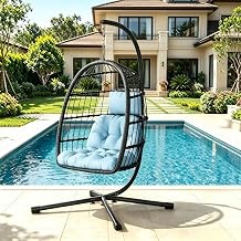 LEVELEVE Hanging Egg Chair with Stand, Patio Rattan Wicker Swing Chair, Oversized Hammock Seat for Bedroom Porch Garden, Thickened Steel Frame & UV Resistant Cushion, 350LBS CapacitySky Blue