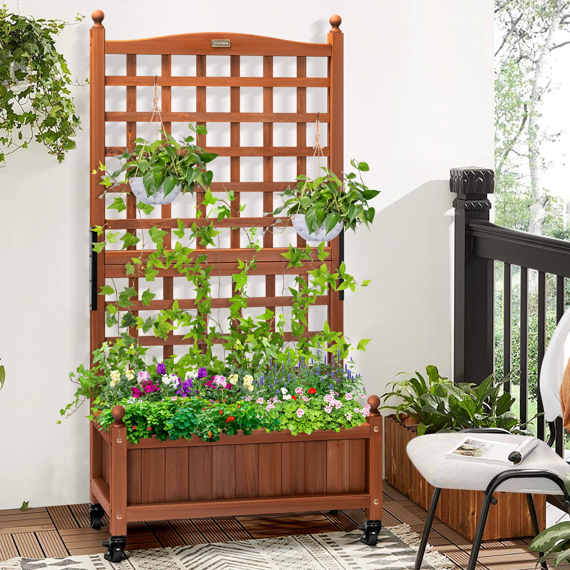 VIVOHOME Mobile Planter Box with Trellis 50 Inch Tall, Standing Natural Wood Raised Garden Bed Outdoor with Drainage Holes for Flowers, Climbing Plants, Balcony and Patio Decor (Extra Wheels)