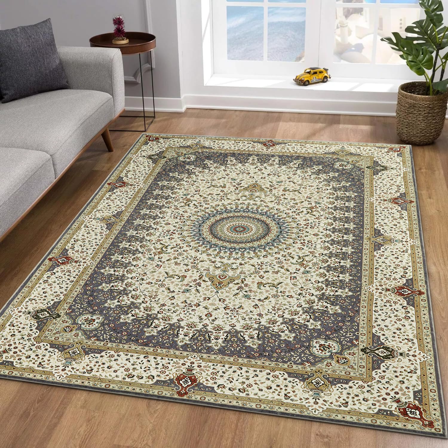 MOONLIGHT20015 Washable Rugs Living Room 60x110 cm - Fluffy Vintage Area Rugs for Bedroom - Non Slip Low Pile Soft Boho Rug Carpets for Lounge - Traditional Large Bedside Rug, Willow Grey โ image 1