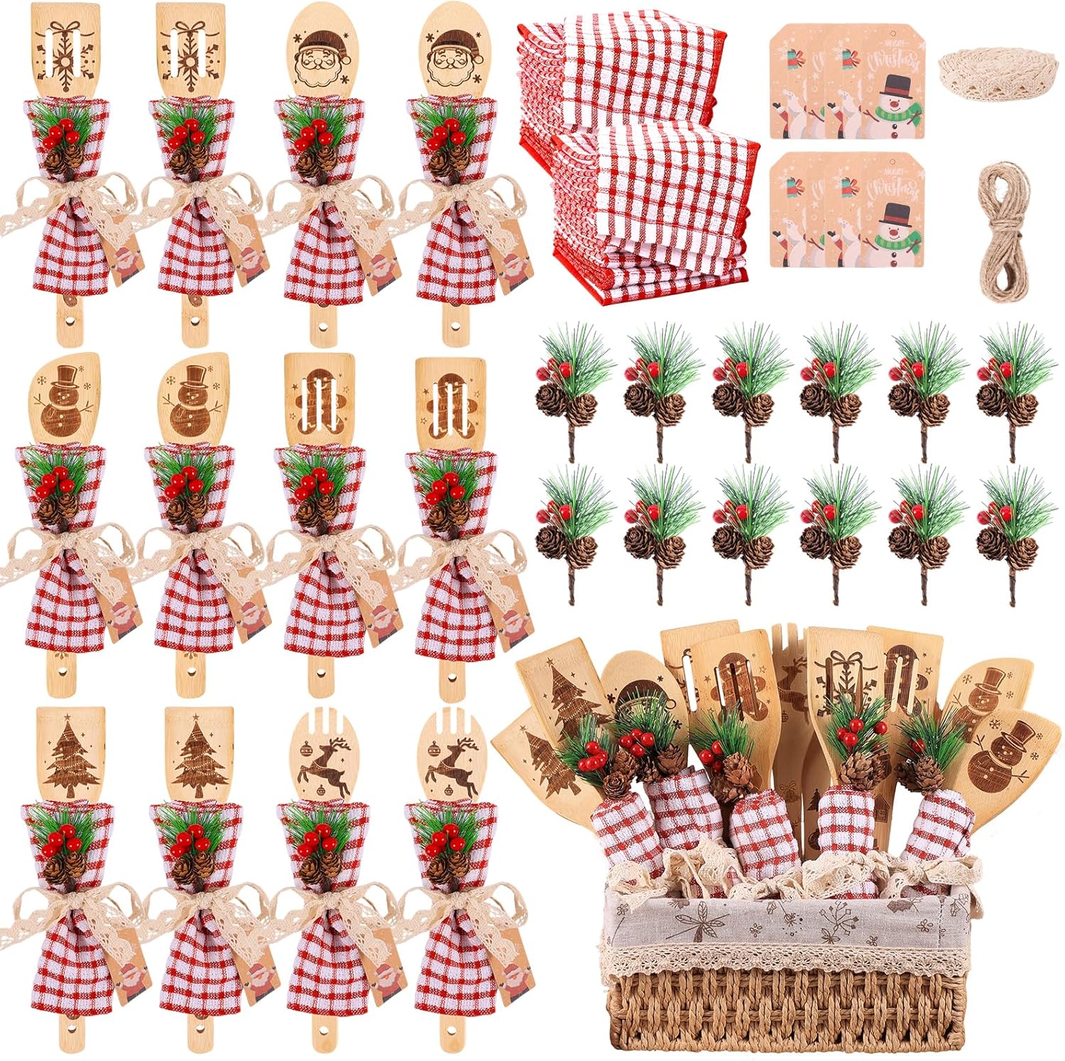 12 Sets Christmas Wooden Spoons Bridal Shower Favors Baby Shower Kitchen Utensils Set Wooden Spoons Waffle Towel and Christmas Tags Prizes for Xmas Party House Kitchen Supplies