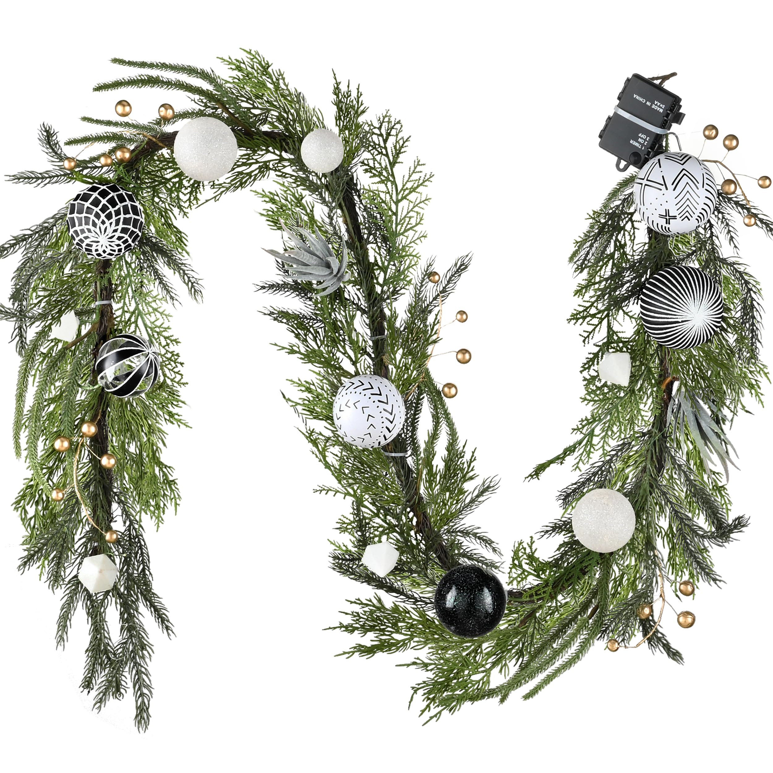 Decorbyhannah Christmas Garland with Lights, 6ft Lighted Norfolk Pine Garland with Boho Ornaments, Battery Operated Artificial Greenery Garland Christmas Decorations for Mantle(Gold Black & White)