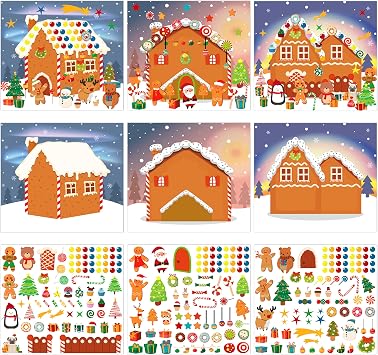 LINAYE 48PCS Make A Gingerbread House Stickers, Christmas Crafts for Kids Toddlers, Gingerbread House Craft Stickers, Christmas Activities Games for Kids Party Favors, 24 Finished Products