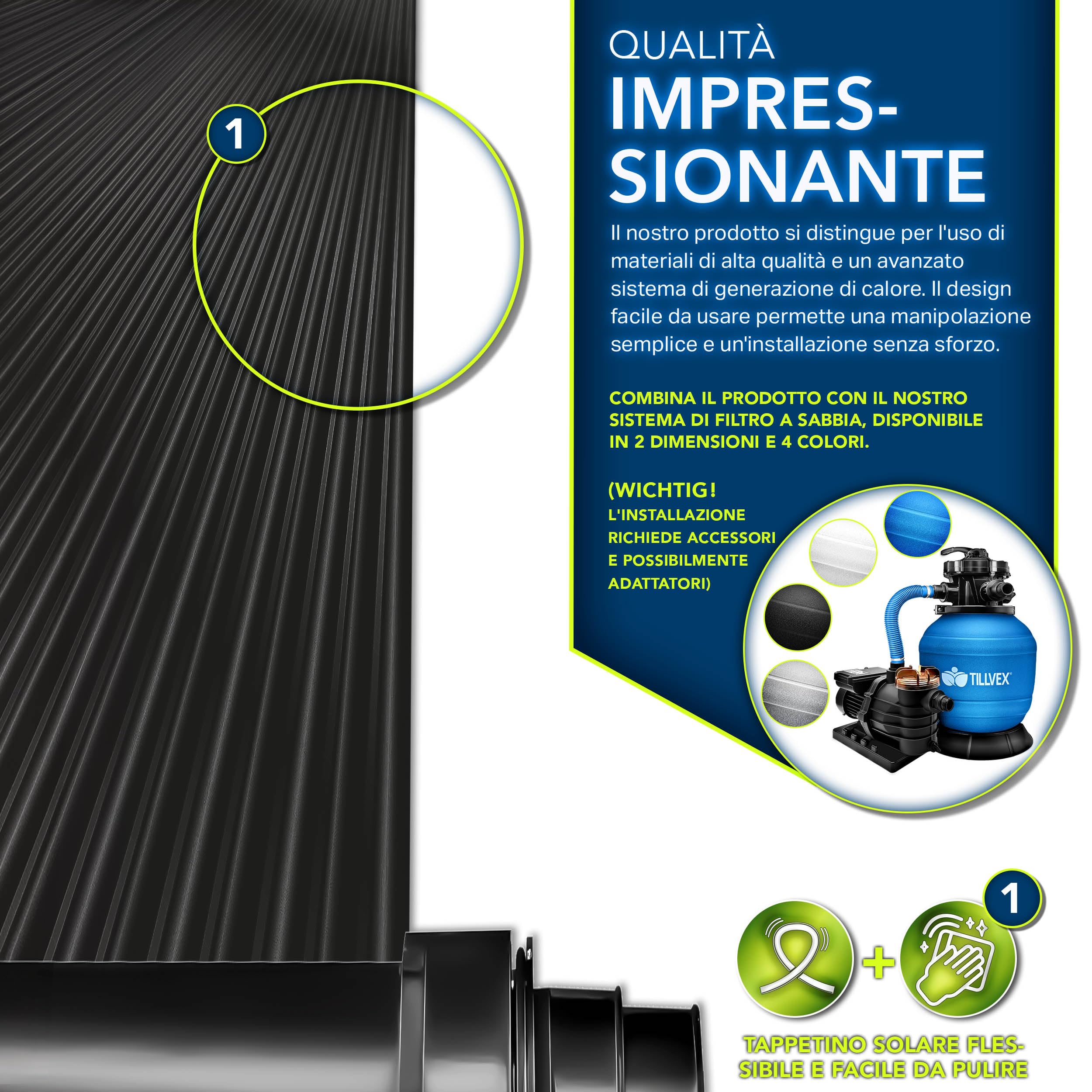 tillvex Pannello Solare per Piscina e Fuori Terra | Riscaldamento Solare Ecologico | Set Completo per Riscaldamento Piscina | Tappeto Solare| Collettore Solare per Acqua Calda (120 x 600 cm) | Tappetino solare espandibile, set completo di accessori per pi