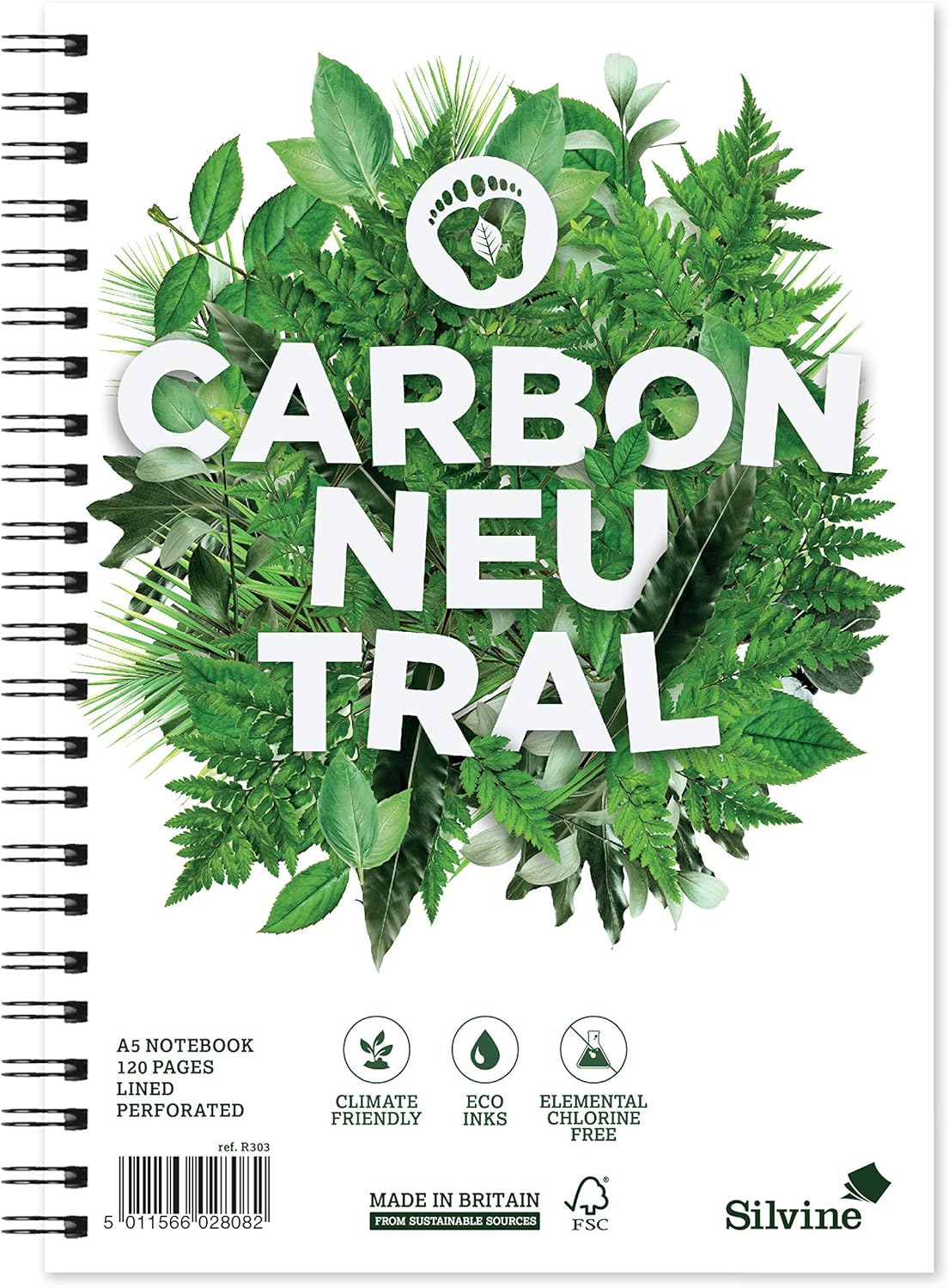 Silvine A5 Carbon Neutral Wirebound Notebook - Ruled Feint, 120 Pages of Premium CO2 Neutral Paper. Ref R303 [Pack of 5]