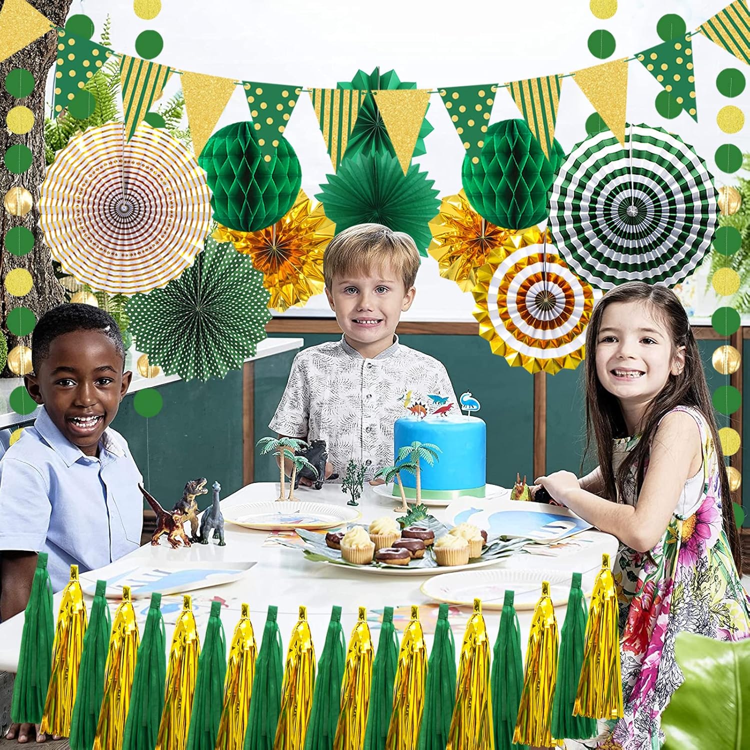 Paper Fans Party Decorations Glitter Paper Triangle Flag Pennant Banner Tassel Garland Circle Banners Party Supplies for Bachelorette, Birthday, Engagement Wedding, Baby Bridal Shower Green Gold - Image 4