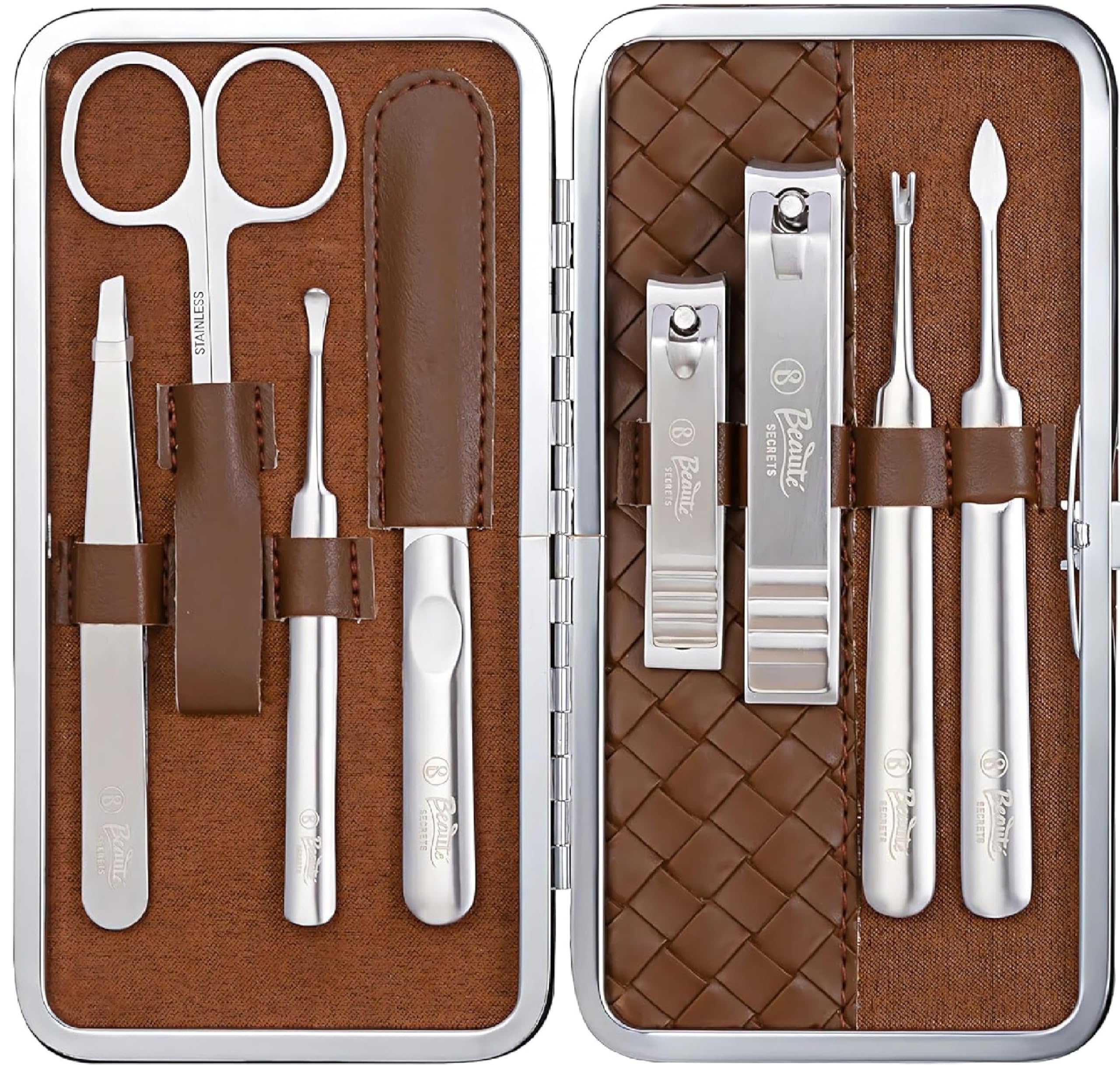 Beauté Secrets Nail Cutter Set - 8-Piece Premium Manicure Pedicure Tool Kit with Plucker for Hair Removal, Nail Clippers, Cuticle Nipper, Ear Cleaning Spoon, V-Shape Push Stick, Hair Plucker for Women