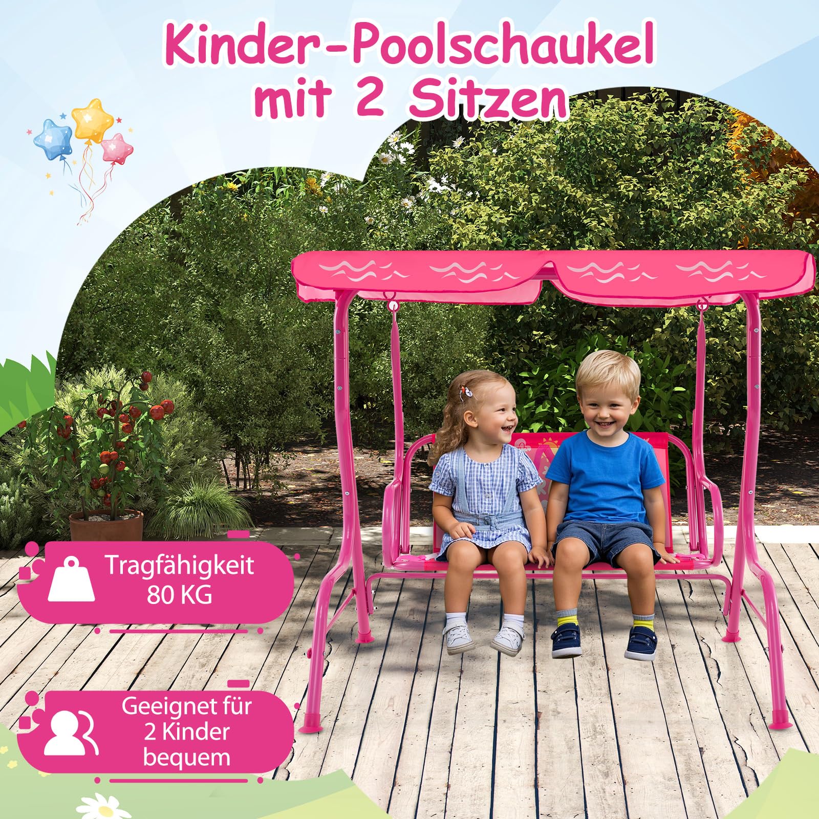 DREAMADE 2-Sitzer Kinder Hollywoodschaukel, Kinderschaukel mit verstellbarem Dach, Metallständer & Sicherheitsgurten, Outdoor-Schaukelsitz für Hinterhof, Garten, Balkon (Rosa)