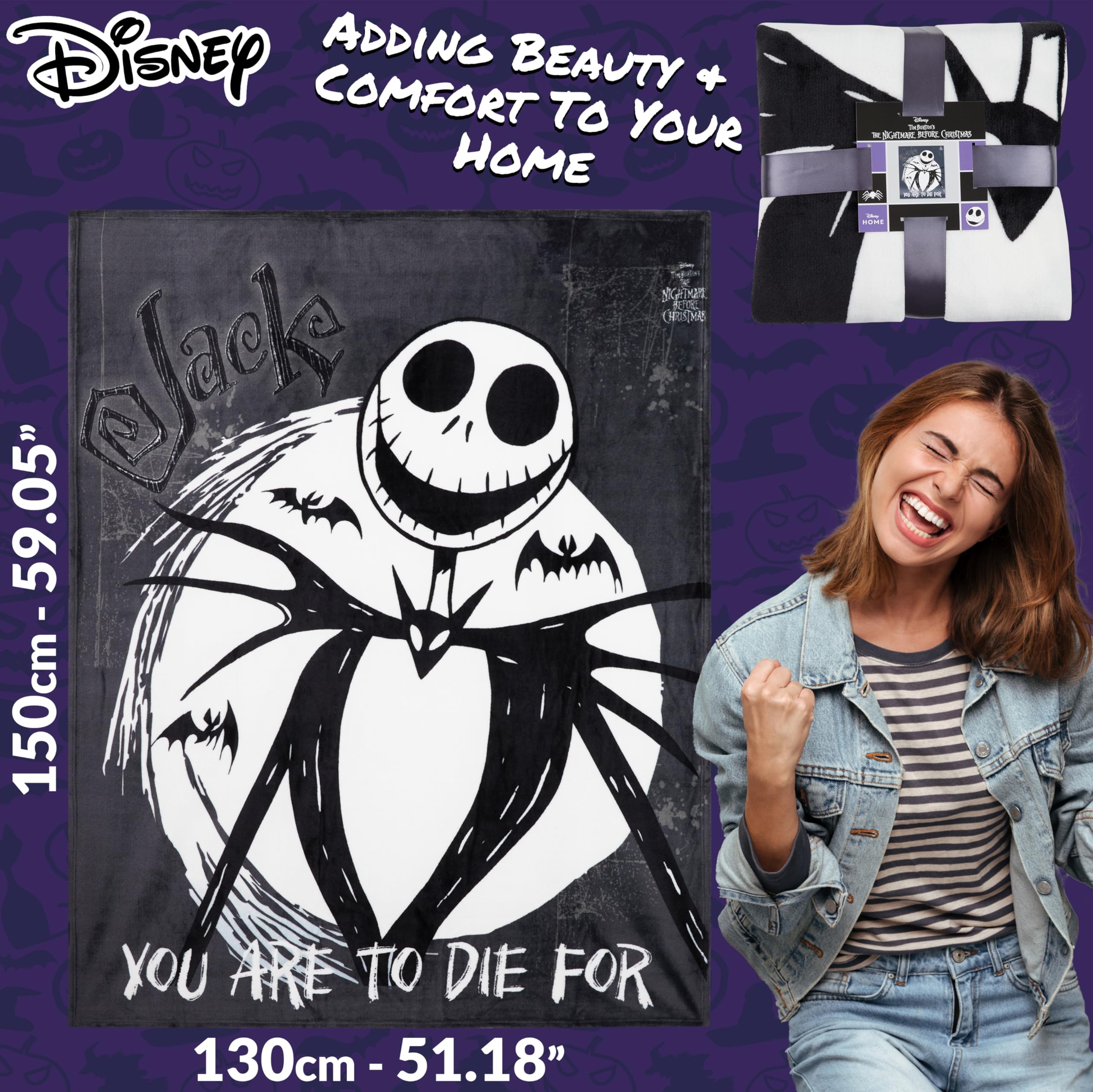 Disney Koszmar przed Bożym Narodzeniem, koc polarowy, 150 x 130 cm, miękka narzuta na łóżko, sofę, kanapę, flanelowa, dekoracja pokoju, przytulne, ciepłe, świąteczne prezenty dla dzieci (czarny/biały)