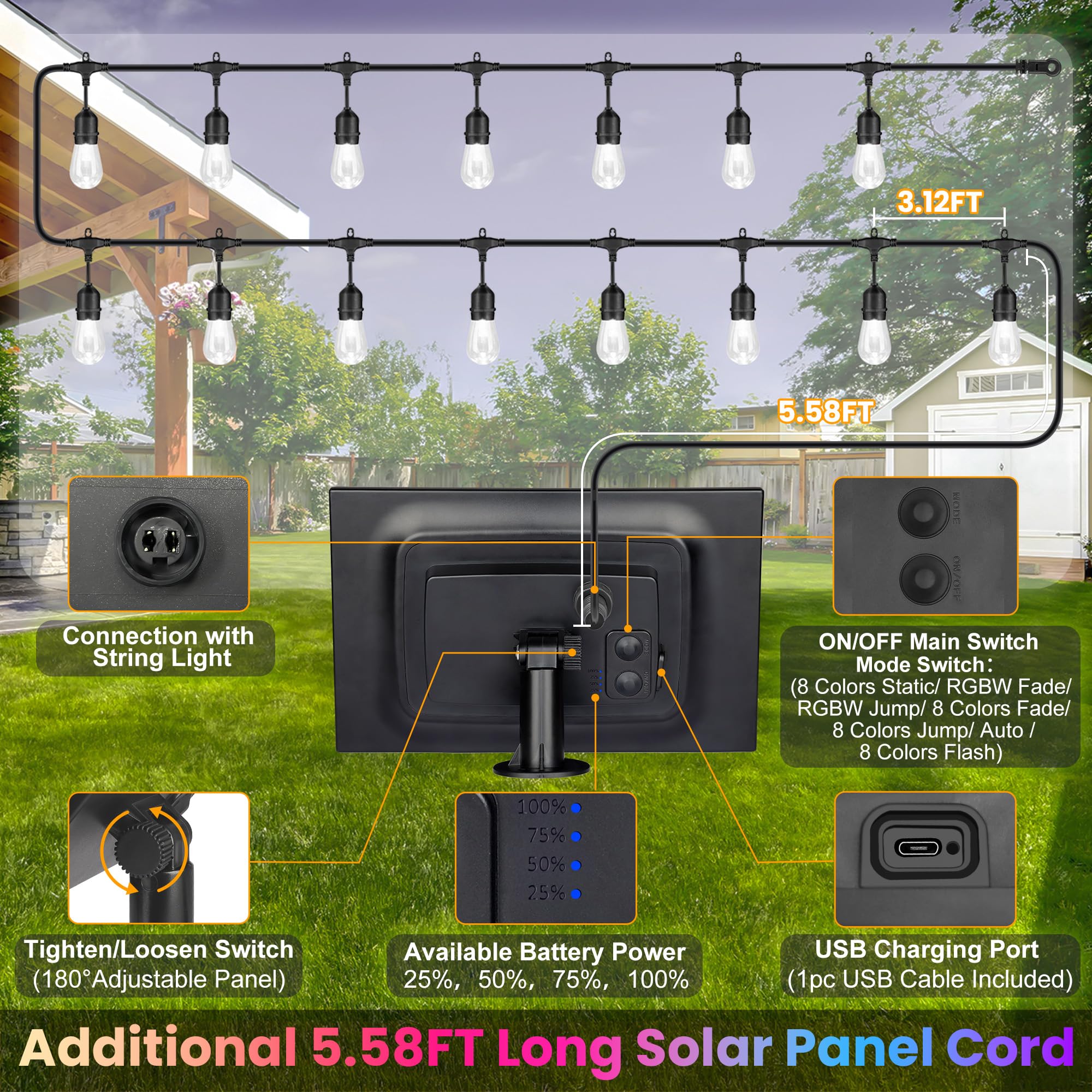 Larkvue Stringa di luci solari RGB da 30 m per esterni, con telecomando, multicolore e bianco caldo, dimmerabili, impermeabili, con 30 lampadine LED S14, colore nero