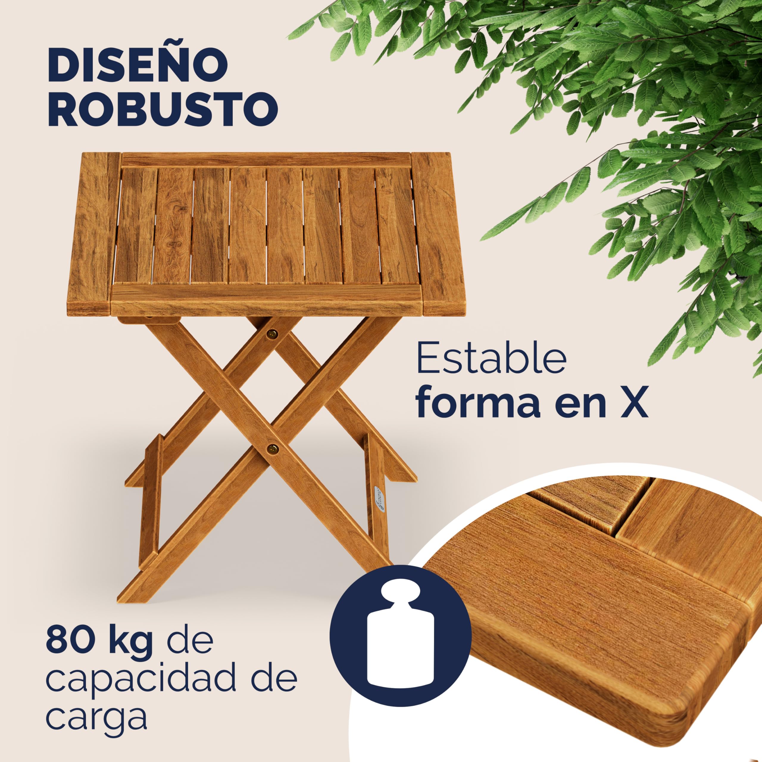 Casaria® Mesita de Jardín de Madera de Acacia 46x46cm Carga hasta 80kg Estable Resistente Intemperie Mesa Auxiliar Plegable Exterior Balcón Terraza Patio