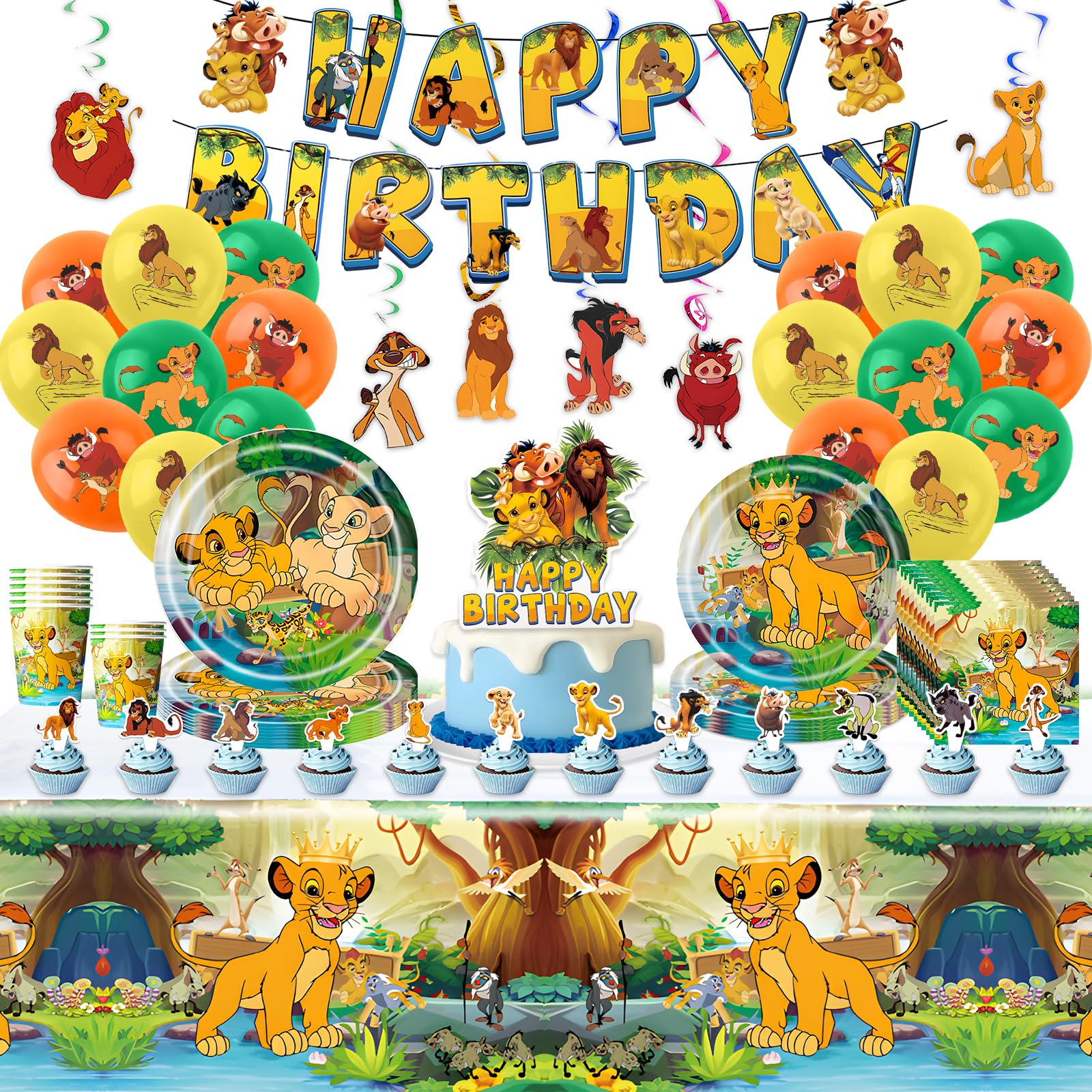 89 PCS Lion King Birthday Decorations, Birthday Party Tableware Set with Plates Cups Napkins Banner Tablecloth Latex Balloons, Party Supplies for 10 Guests