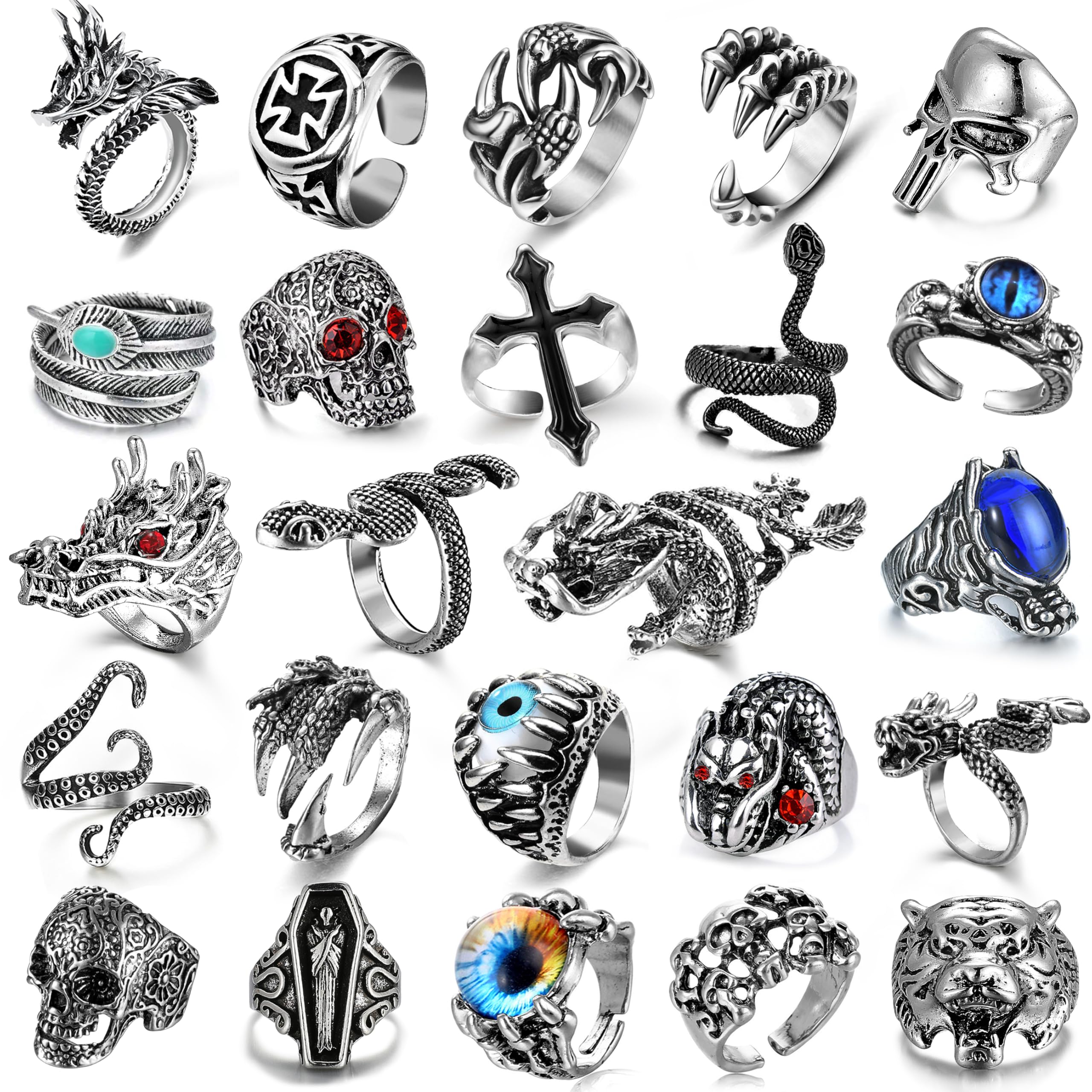 eielo 24Pcs Vintage Punk Rings Set for Men Cool Gothic Chunky Rings Statement Snake Claw Skull Dragon Eyes of Hell Open Boho Ring Set-picture-32