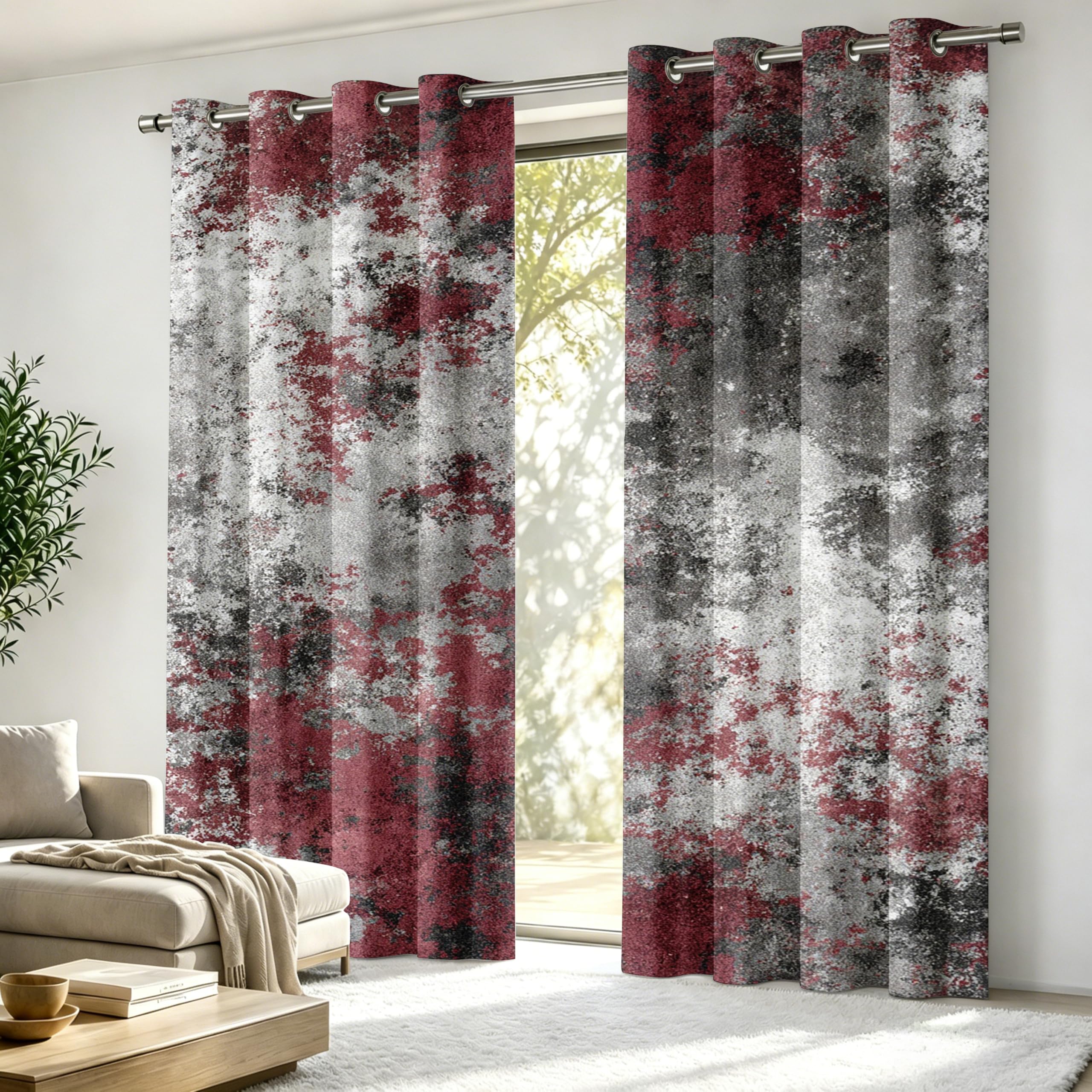 Luxfieo Abstract Blackout Curtains for Living Room Bedroom - 90 Inch Drop Curtains 66x90, Red Grey Modern Abstract Distressed Burgundy Patterned Window Treatments, Thermal Eyelet Drapes 2 Panels