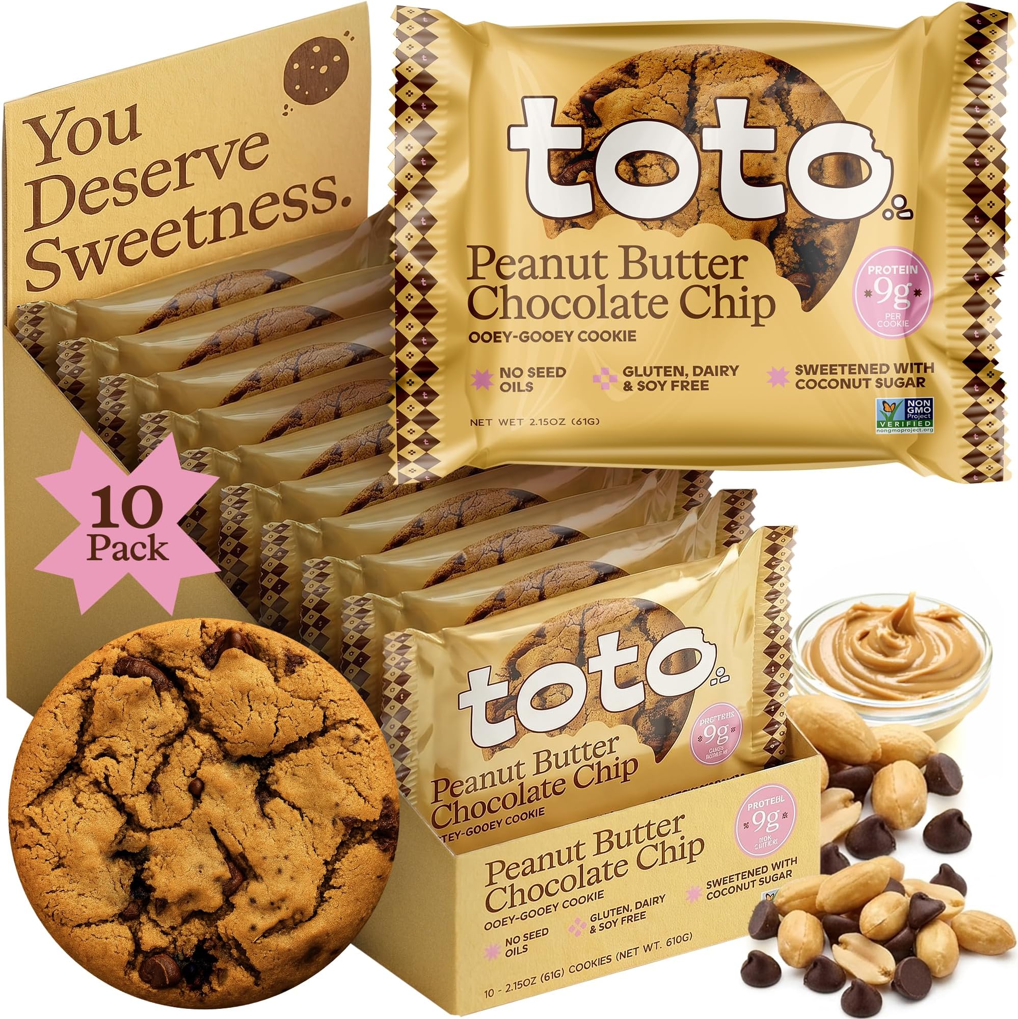 Toto Soft-Baked: Peanut Butter Chocolate Chip Cookies with Whole Foods & Superfoods | Vegan, Gluten-Free, 9g Plant-Based Protein, No Artificial Sweeteners | 10 Individually Wrapped Cookies