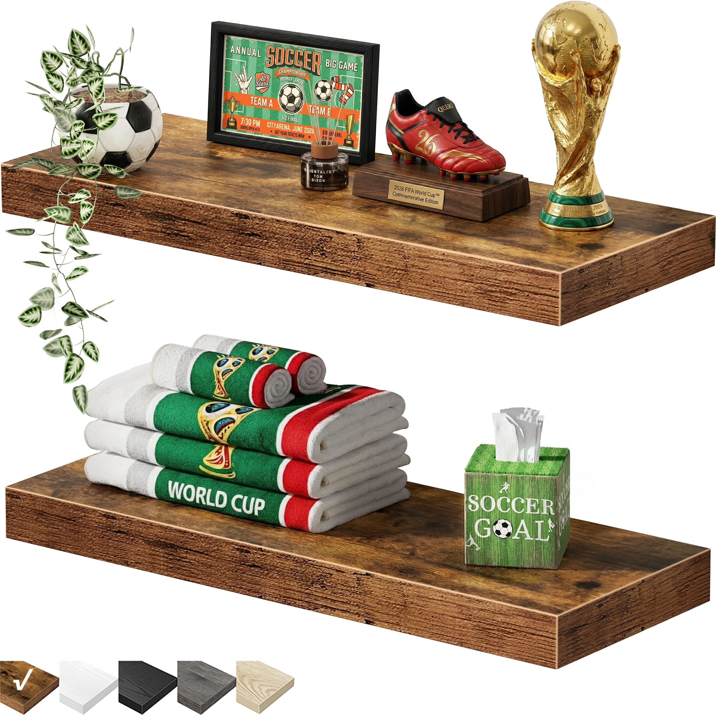 QEEIG Bathroom Floating Shelves for Wall - 15.7" Wall Mounted Shelf Over Toilet Farmhouse Home Decor Display Bookshelf Small 15.7 x 6.7 inch Set of 2, Rustic Brown (008-40BN)