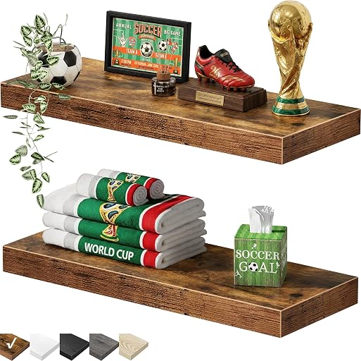 QEEIG Bathroom Floating Shelves for Wall - 15.7" Wall Mounted Shelf Over Toilet Farmhouse Home Decor Display Bookshelf Small 15.7 x 6.7 inch Set of 2, Rustic Brown (008-40BN)