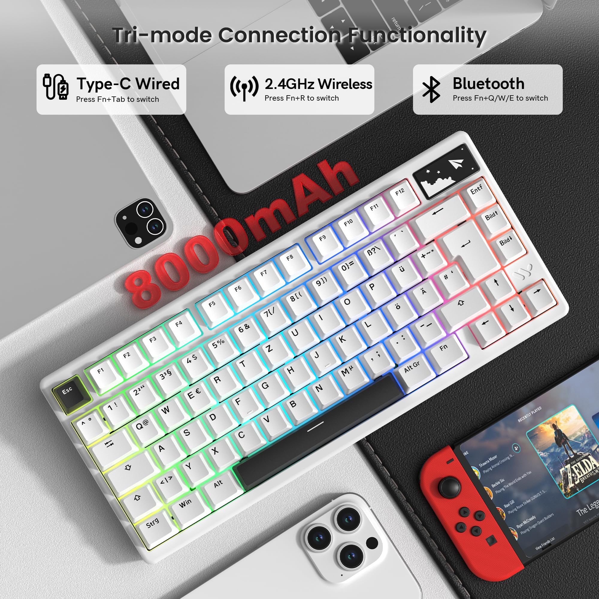 SK71 Pro Tastatur ISO DE, Aluminium, QWERTZ, Tri-Mode, Hot Swappable | Quick Release Wireless, Mechanische Tastatur Custom mit RGB Keyboard für Windows/Mac/PC
