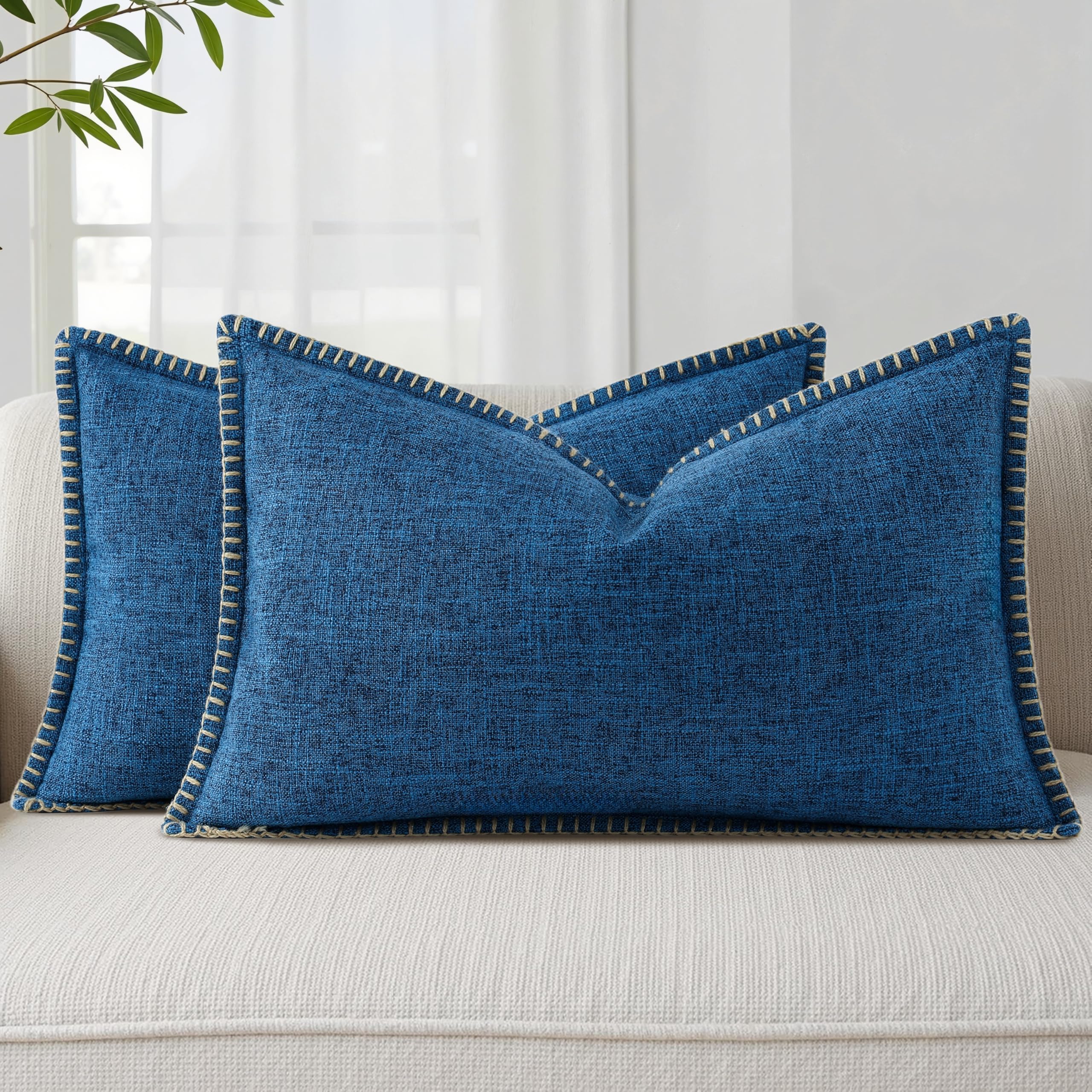 decorUhome Spring Decorative Throw Pillow Covers 12x20 Set of 2 Lumbar Linen Outdoor Neutral Farmhouse Pillow Covers with Stitched Edge for Couch Sofa