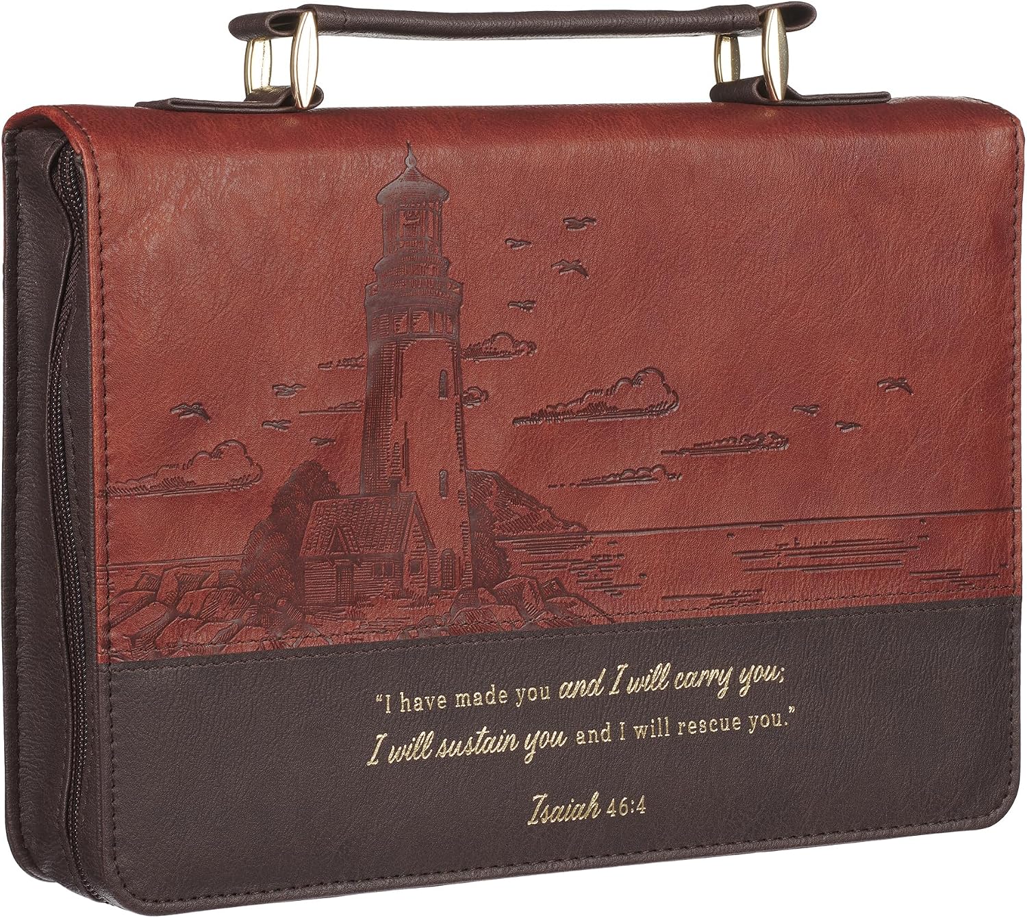 Christian Art Gifts Premium Classic Vegan Leather Inspirational Bible Cover for Men & Women: I Will Carry You Encouraging Golden Scripture, Lighthouse Ocean Theme, Pen Loops, Pockets, Brown, Medium