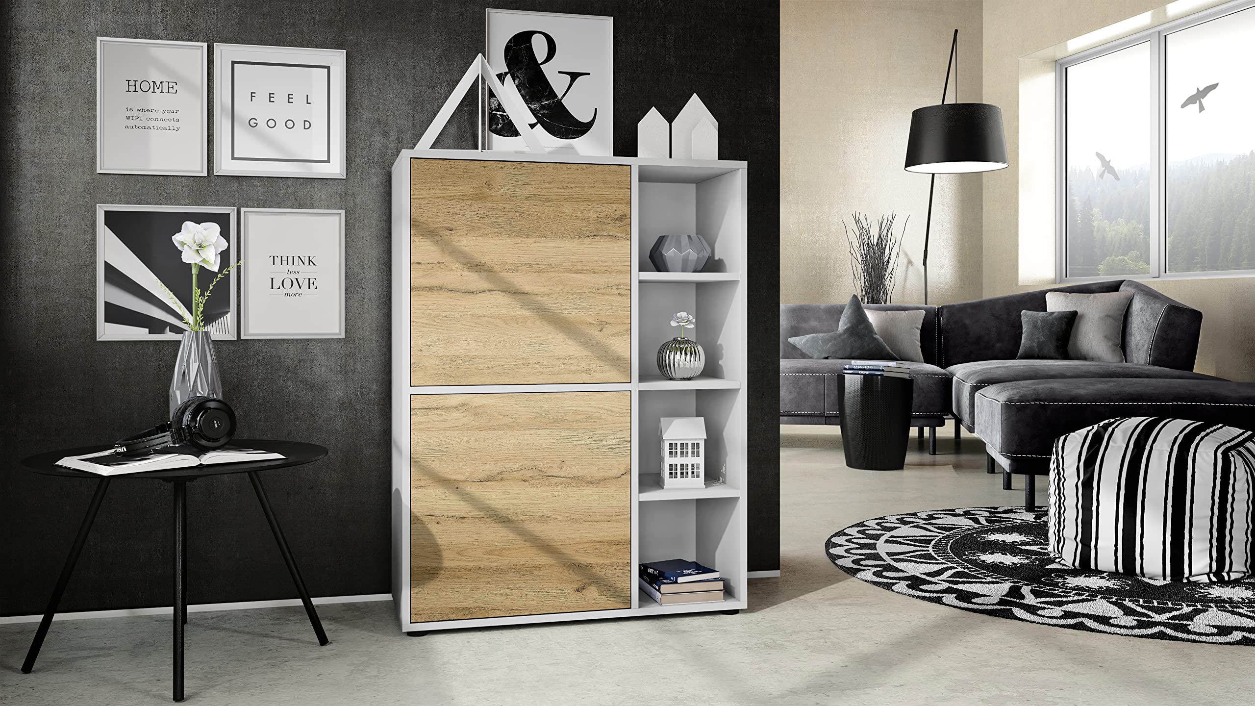 Vladon Highboard Schrank Anrichte Cuba mit 8 Fächern, Made in Germany, Korpus in Weiß matt/Fronten in Eiche Natur