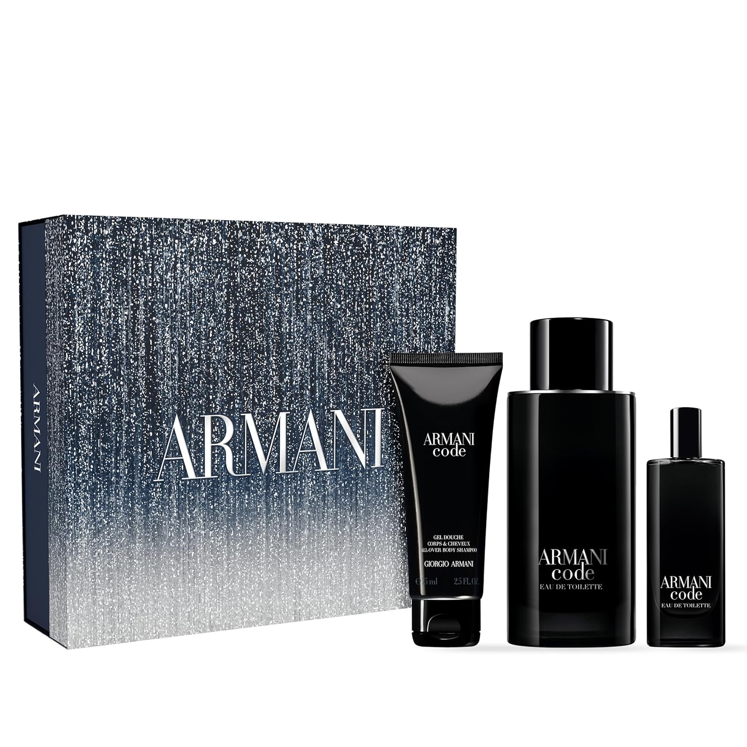 Armani Beauty – Code Eau de Parfum – Men's Cologne 3-Piece Set ($187 Value) – Full Size (4.2 Fl Oz), Travel Size (0.5 Fl Oz) & Shower Gel
