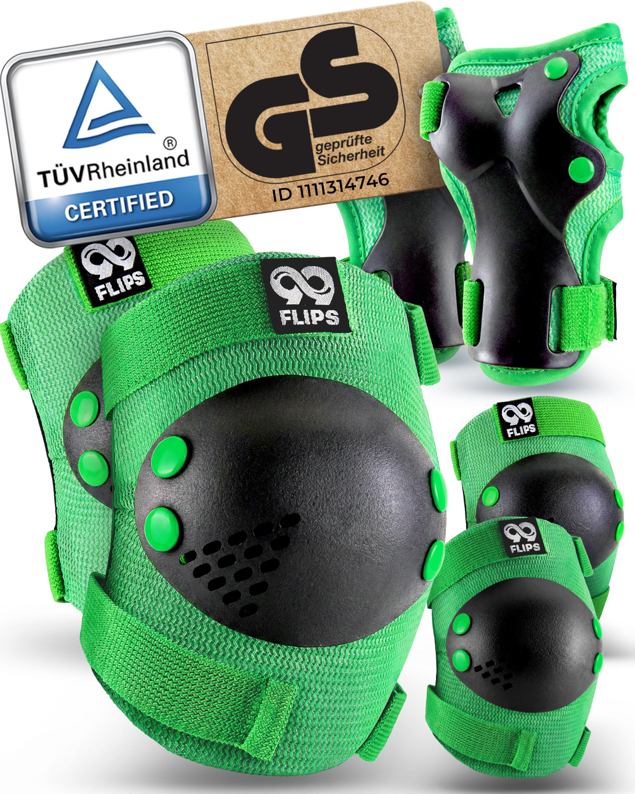 99FLIPS Kids Knee and Elbow Pads for Children - Kids Knee Pads Skating - Wrist Guards - RISE - Size SM - GREEN - Skateboard, Scooter, Inline Skates