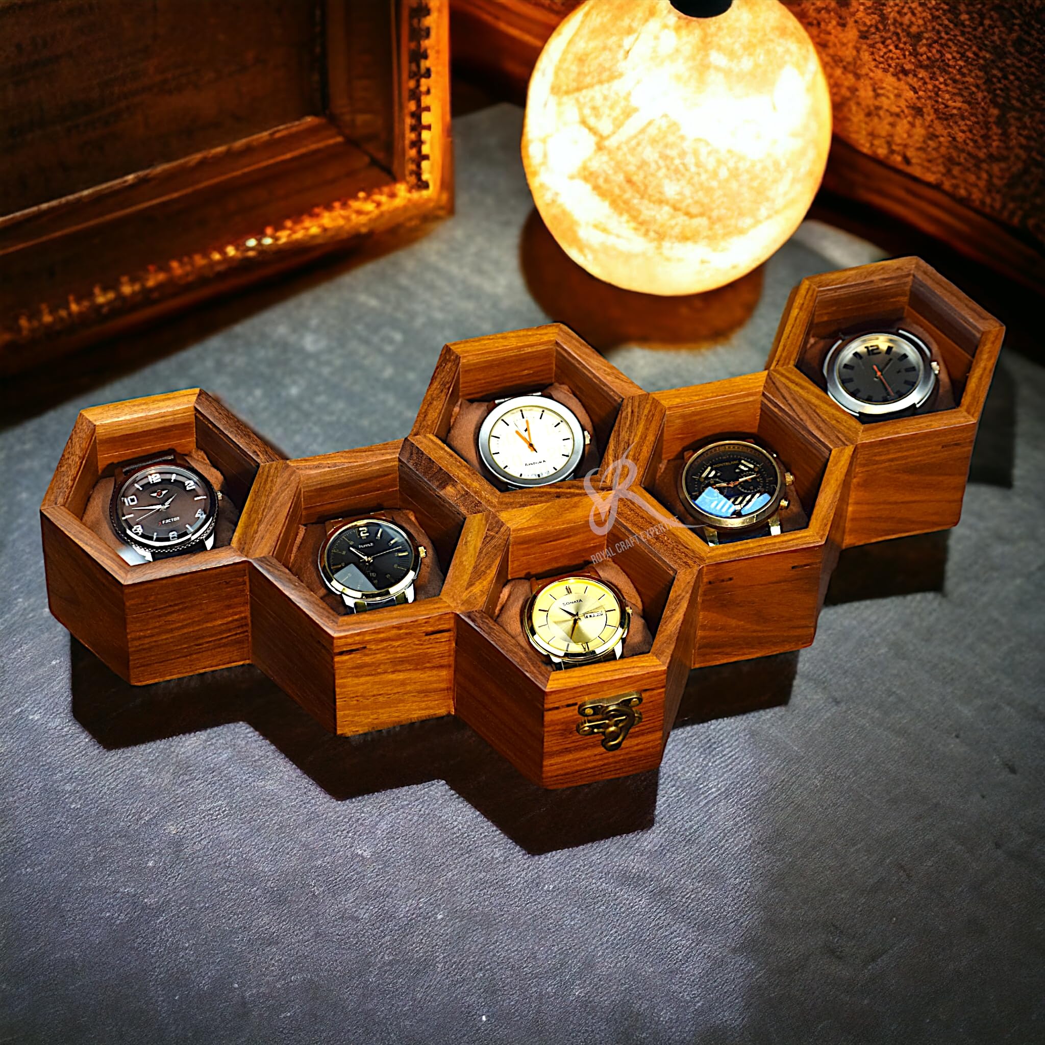 Royal Craft ExpertisePremium 6-Slot Wooden Timepiece Display Case – Handcrafted Honeycomb Watch Box for Men in Superior Indian Rosewood | Hinged Glass Cover – Father’s Day Gift – Luxury Built to Last