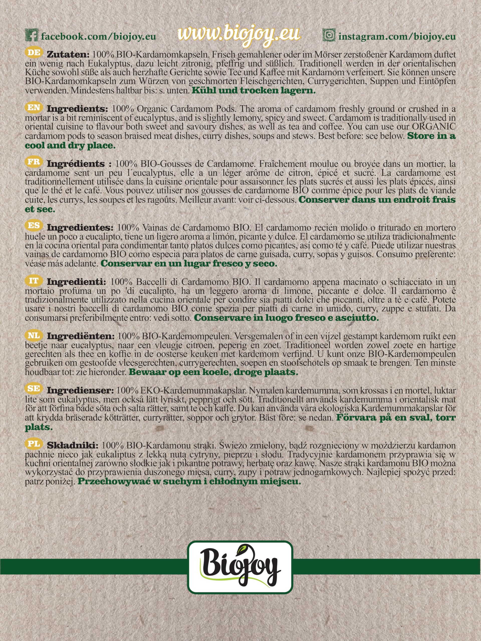 Biojoy Baccelli di Cardamomo BIO (100 g), Cardamomo intero e verde (Elettaria cardamomum)