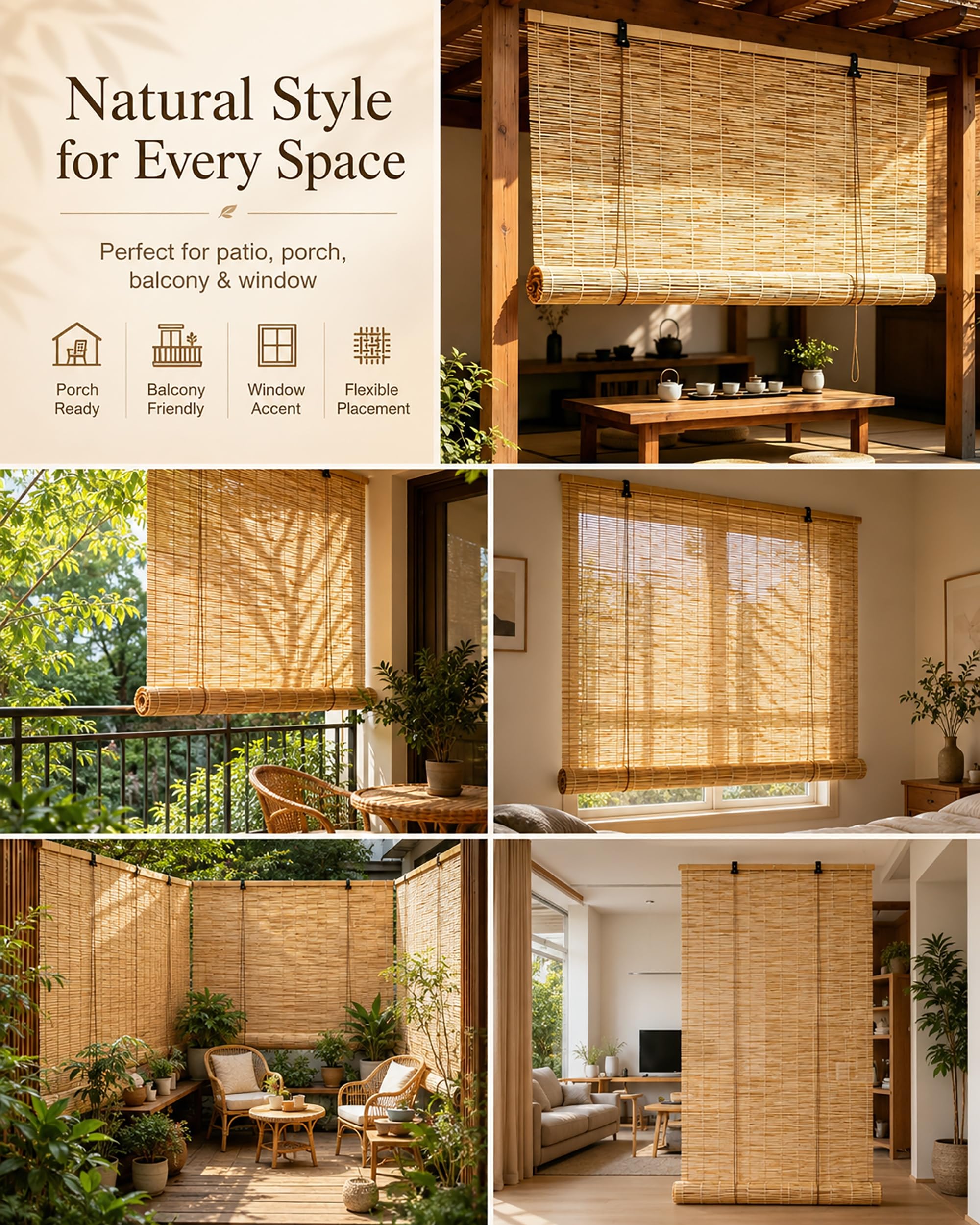 Tenda A Rullo in Bamboo Naturale Tende Avvolgibili Traspirante/Privacy, Larghezza 100 120 130 150 160 180 200Cm Tenda A Pacchetto per Finestra/Porta,180 * 300cm/71 * 118"