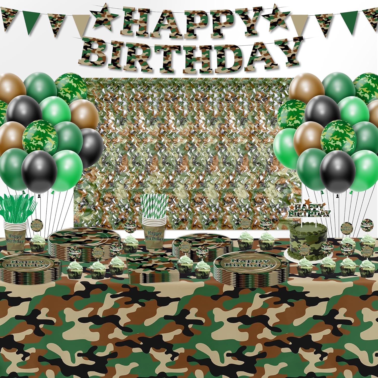 Srua Don Camouflage Army Birthday Party Decorations, Camo Hunting Army Military Party Decorations Supplies, Plate, Cup, Napkin, Banner, Netting Backdrop, Topper, Tablecloth, Balloon, Cutlery, Serve 24