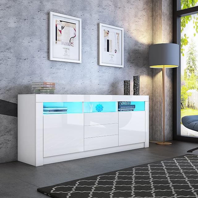 BESTWANTED Sideboard, White Gloss Sideboard, Sideboard Storage Cabinet with LED Lights, Sideboards for Living Room, 2 Doors 3 Drawers, Home Furniture Modern 160 x 35 x 72cm