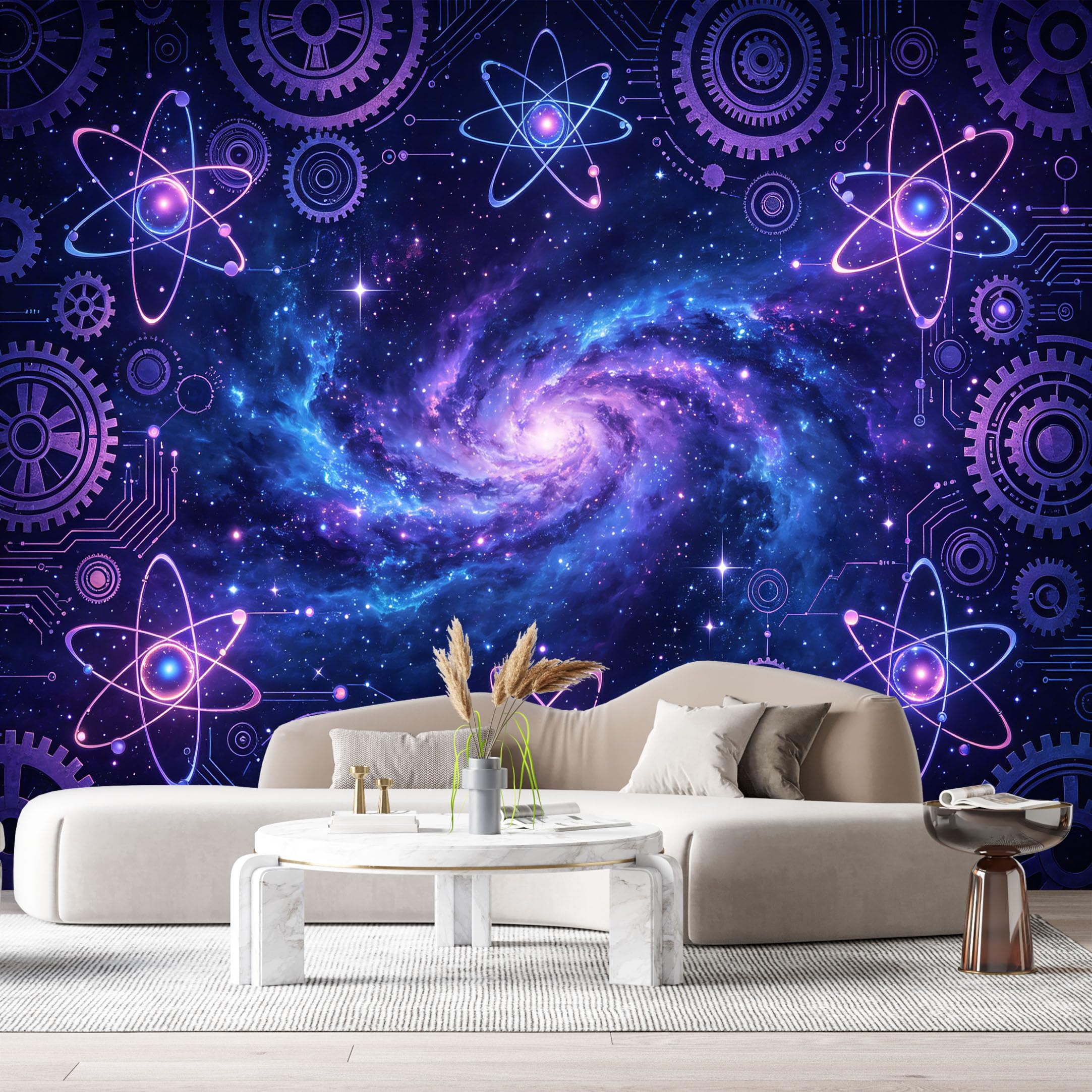 Custom Size Wall Murals Abstract Modern Cosmic Galaxy Science Technology Gear Neon Atom SelfAdhesive Wall Fabric Removable Large Wallpaper for Photo Living Room