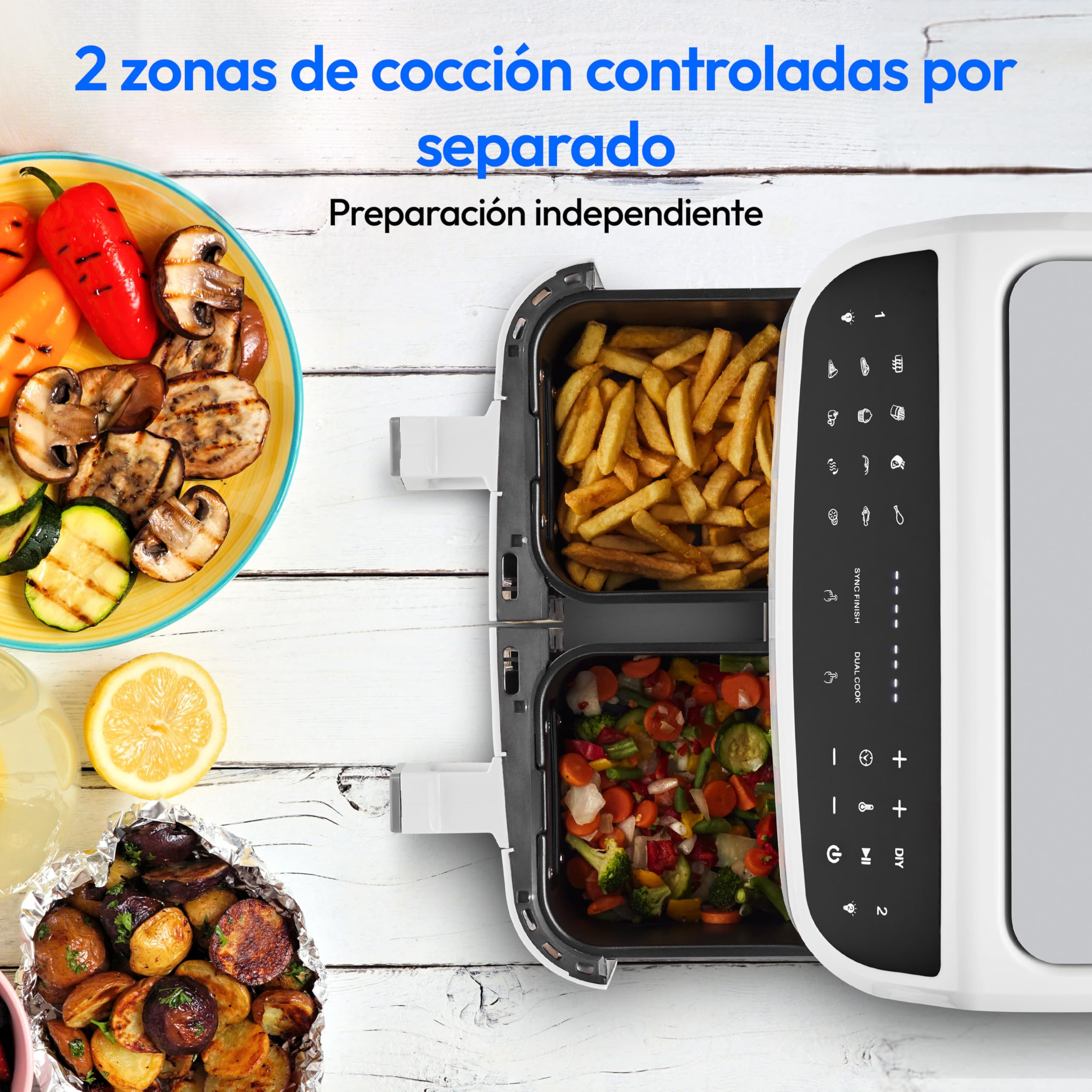 MEDION P20 XXL Freidora de Aire Doble Cesta MD11760 Blanco | 8,7 L, 2600 W, 10 Programas, 2 Cajones, Ventana, Air Fryer Dual XXL