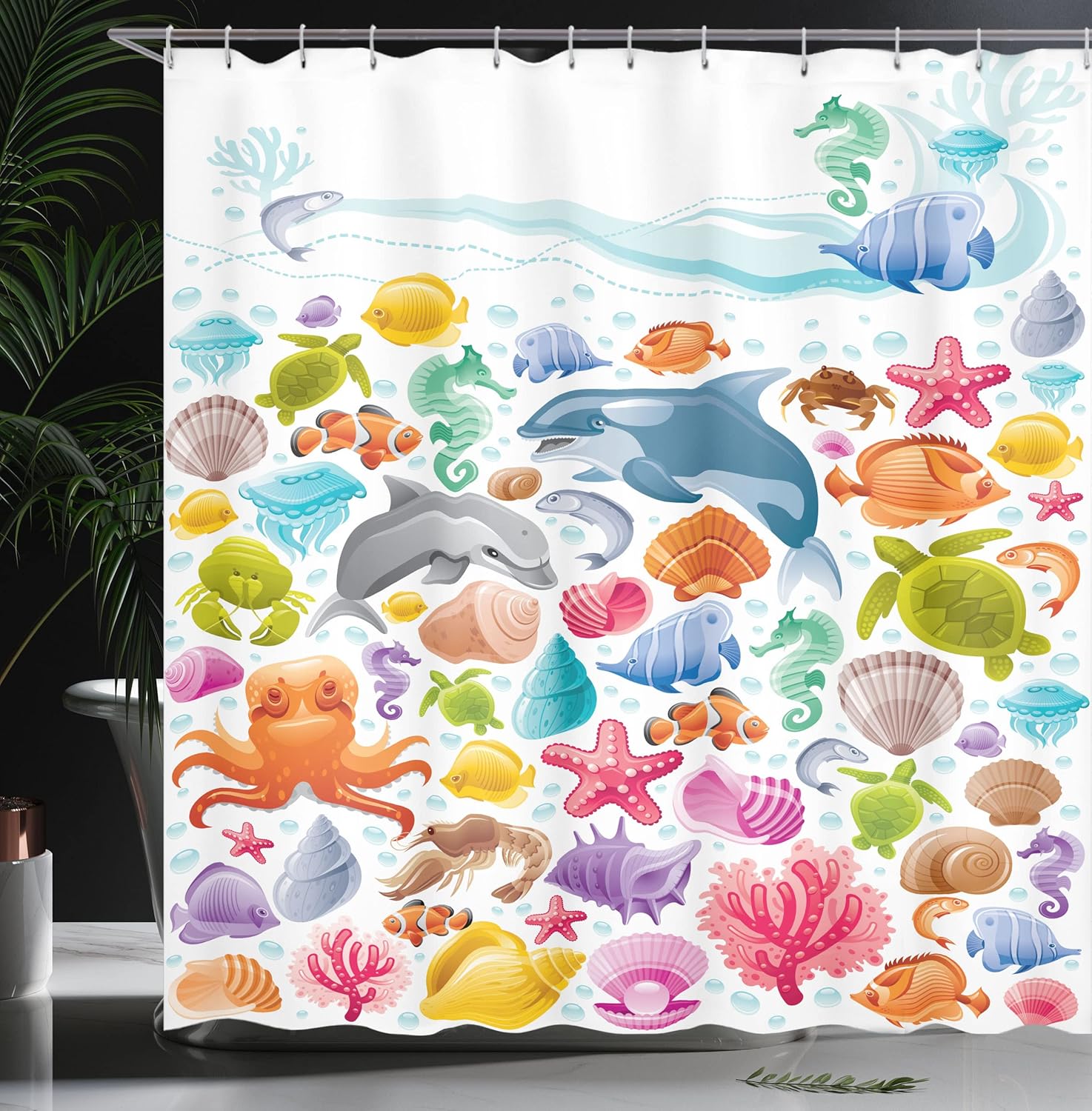 Ambesonne Tropical Animals Shower Curtain, Colorful Art Diving Sea Animal Pattern of Marine Objects Whale Corals Underwater Symbol, Fabric Bathroom Decor Set with Hooks, 69" W x 70" L, Blue and White