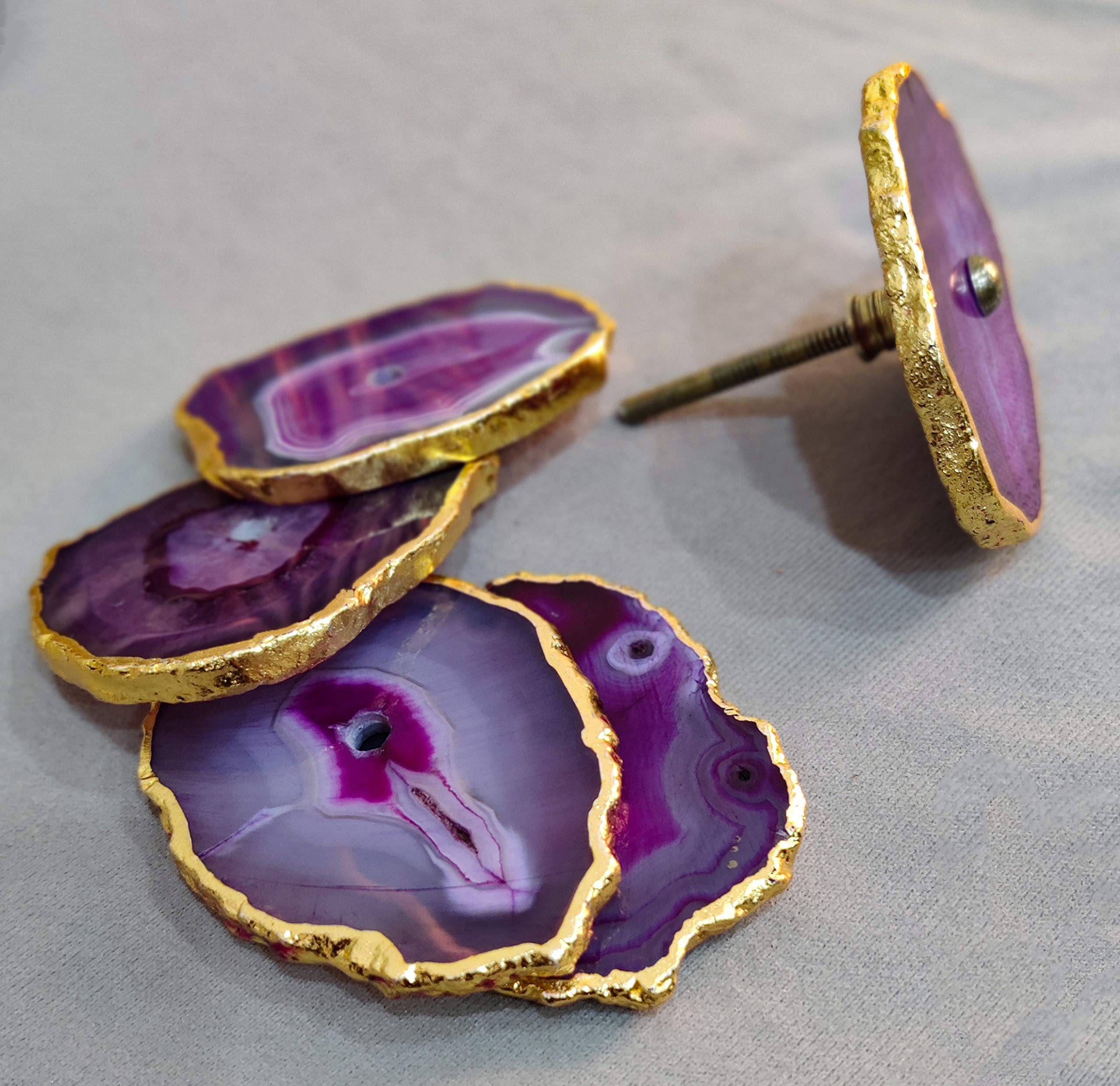 Wonder Care Agate knobs for Dresser Drawers, Agate Slice pulls for Cabinet Doors Cupboard Decorative Wardrobe Handles Furniture Hardware, Golden electroplated Edges (Pack of 5) Purple