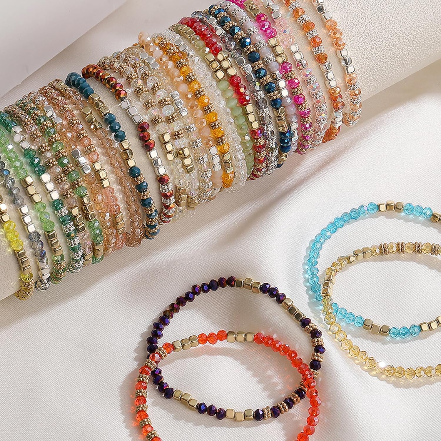30Pcs Boho Beaded Bracelets for Women Colorful Stackable Sparkly Crystal Beads Bracelets Multi-Layer Versatile Statement Bracelets Stretch Cuff Jewelry Gifts - Image 7