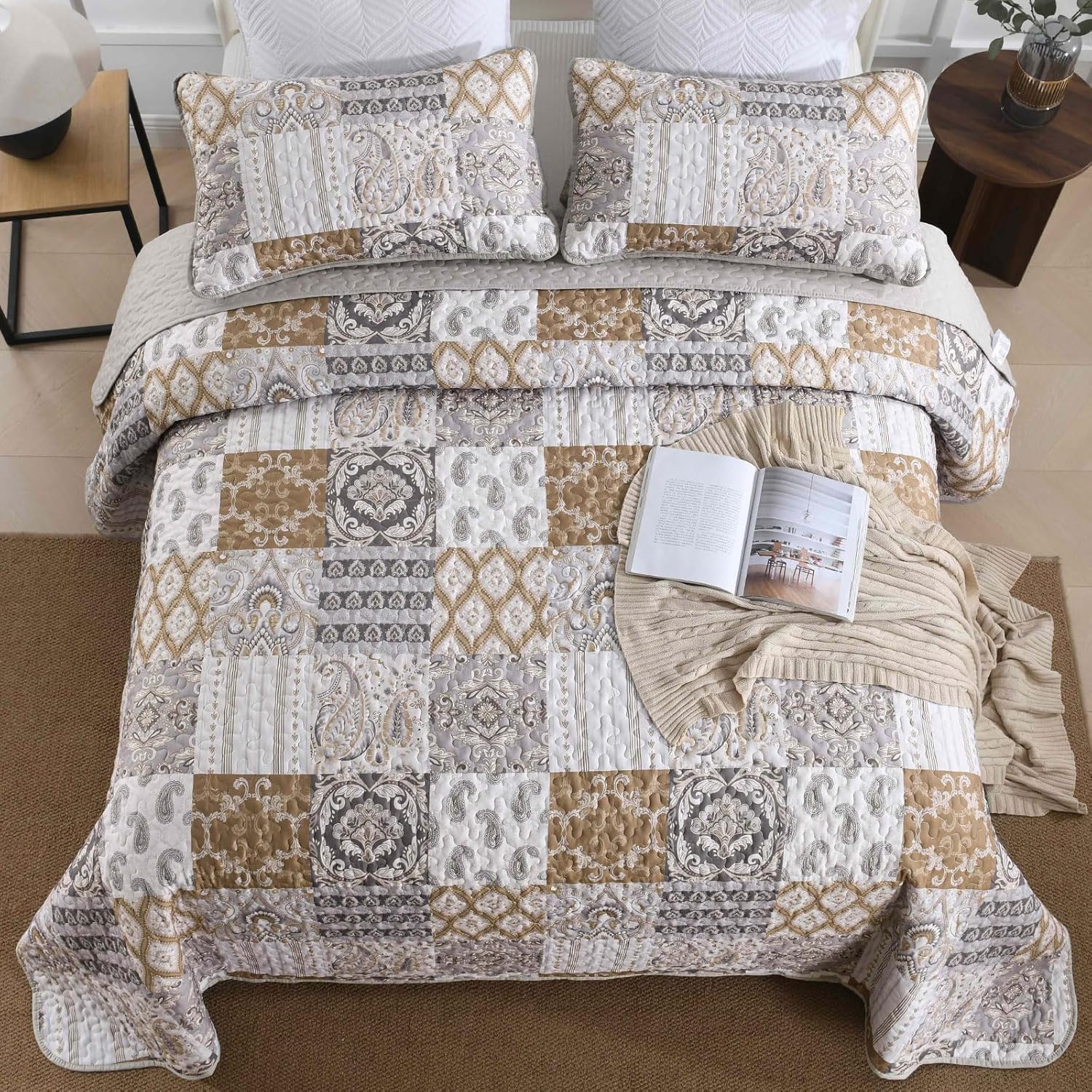 WONGS BEDDING Brown Quilt Set Queen Size, Patchwork Plaid Bedspread Bedding Sets Paisley Soft Microfiber Quilts for Queen Bed 3 Pieces Coverlet Set for All Season (96"x90") - Image 2